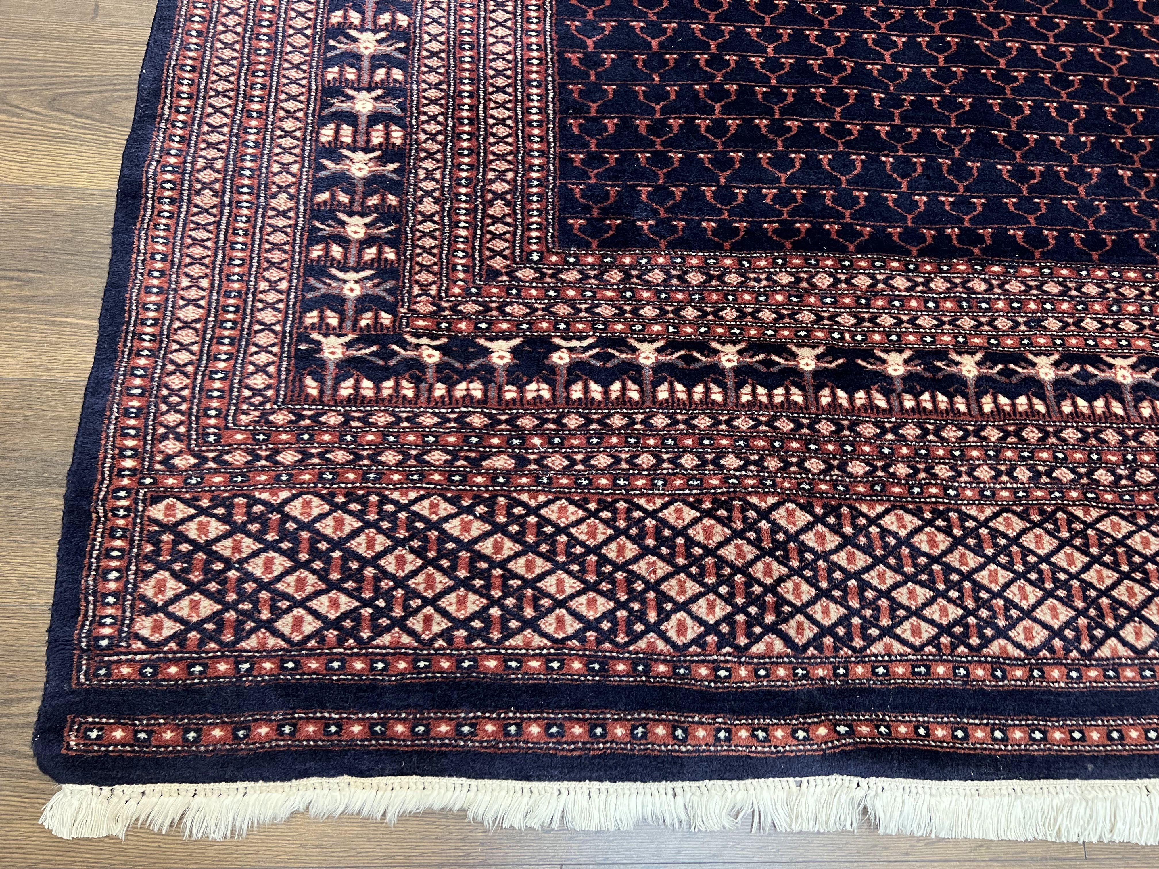 Pakistani Rug 8x11, Hand Knotted Wool Carpet, Navy Blue Red Beige, Four Season Hatchli Design, 8 x 11 Vintage Fine Oriental Rug, Room Sized - Jewel Rugs