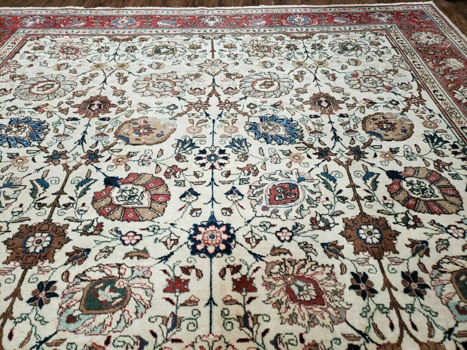 Antique Persian Tabriz Rug 9x12, Hand Knotted Oriental Carpet 9 x 12 ft, Vintage Wool Room Sized Rug, Cream and Red, Floral Allover Handmade Rug - Jewel Rugs