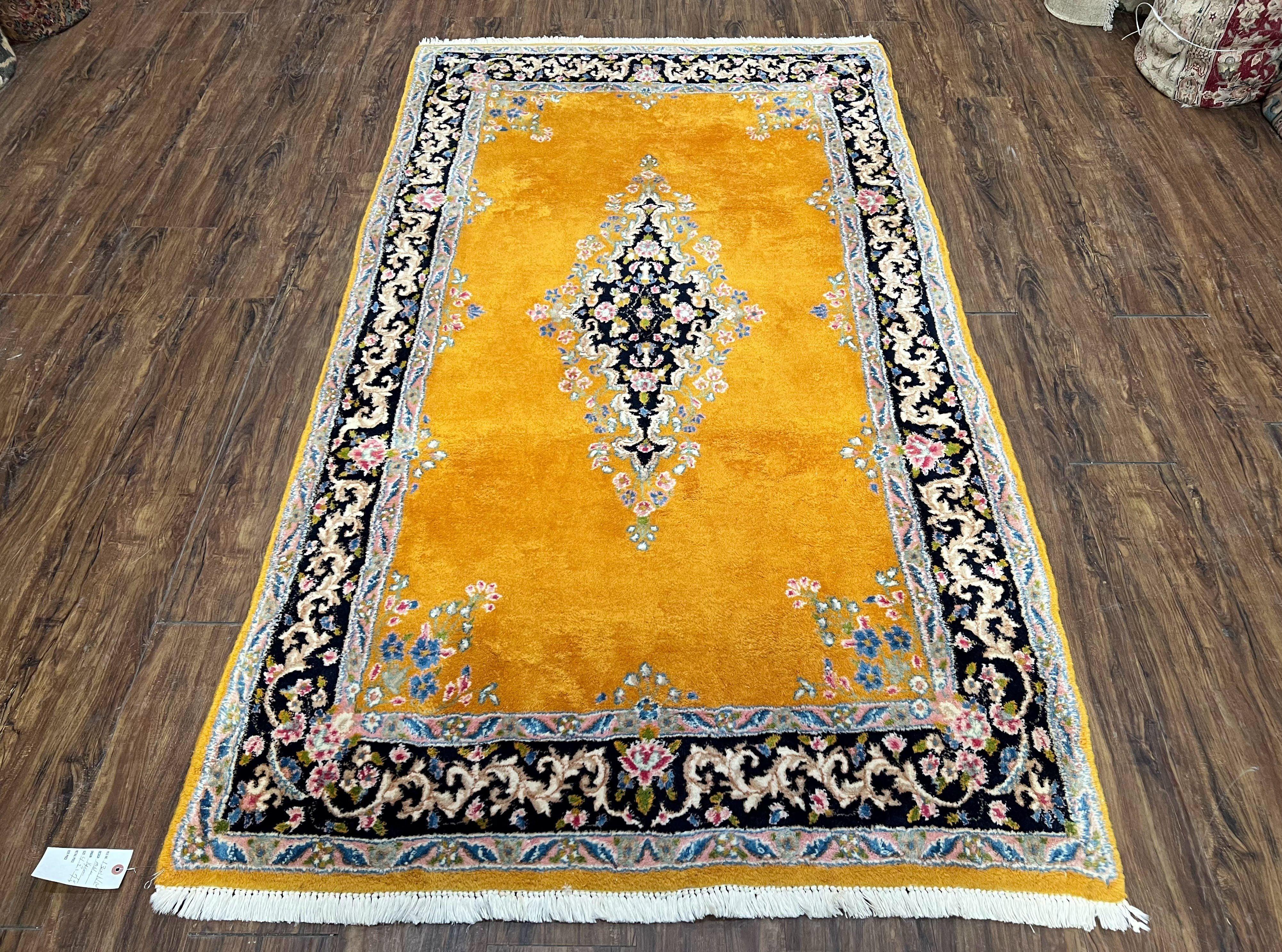 Vintage Persian Kirman Rug 4x7, Unique Colors, Mustard and Black Rug, Open Field with Central Medallion, Wool Oriental Rug, Persian Carpet Handmade - Jewel Rugs