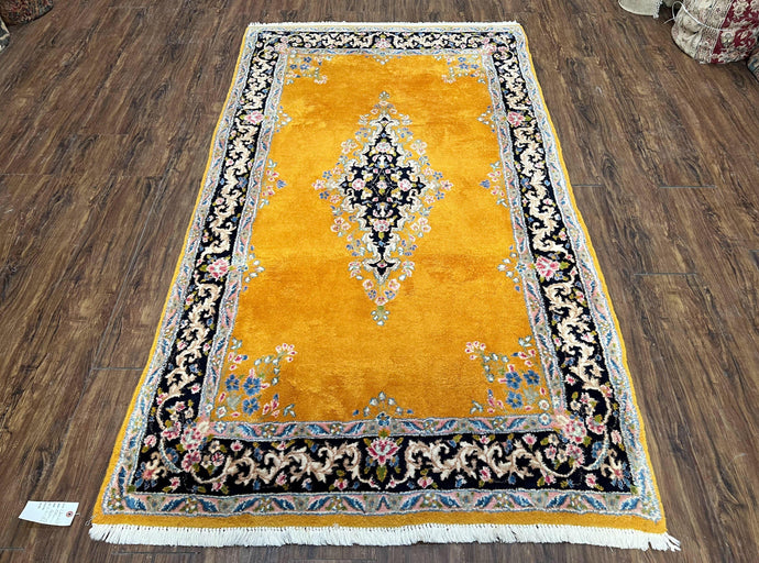 Vintage Persian Kirman Rug 4x7, Unique Colors, Mustard and Black Rug, Open Field with Central Medallion, Wool Oriental Rug, Persian Carpet Handmade - Jewel Rugs
