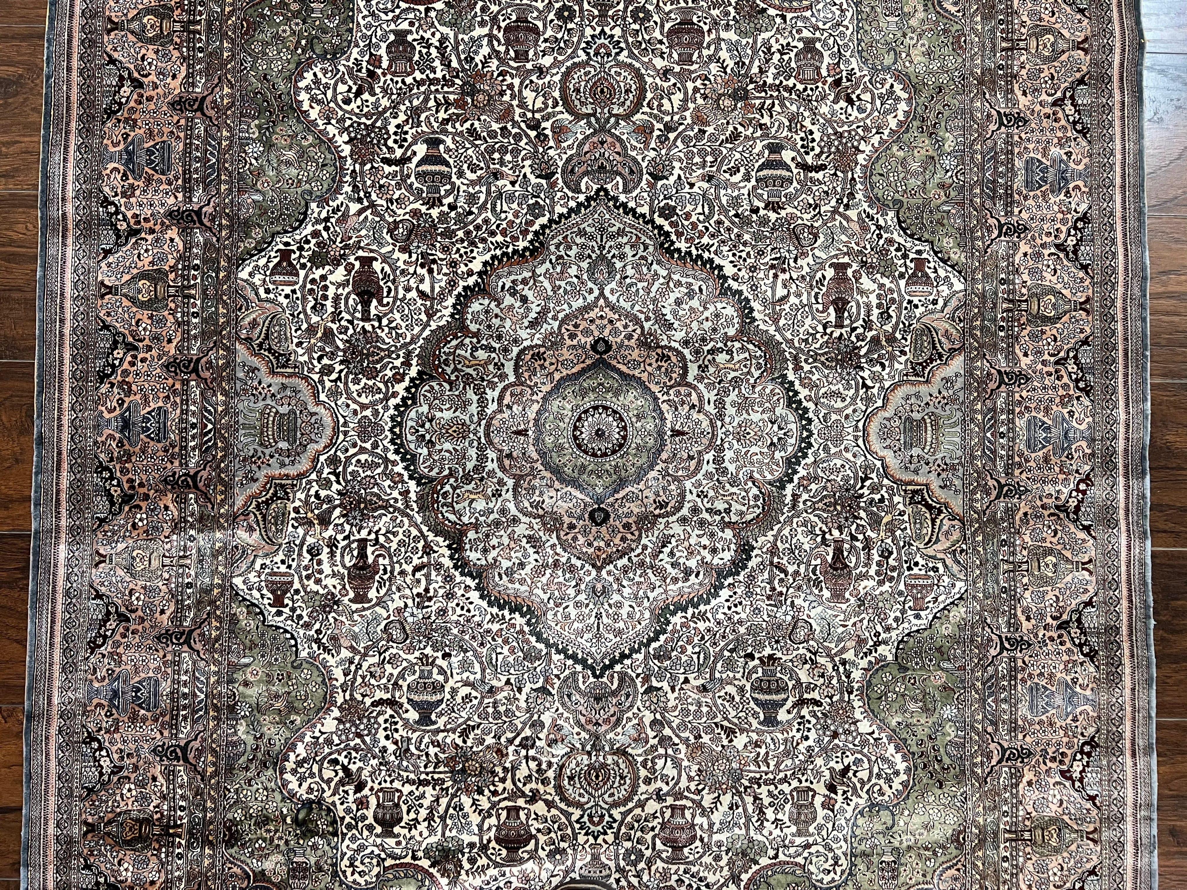 Very Fine Sino Persian Silk Rug 4x6, Floral Medallion, Hand Knotted, Silk Pile on Silk Foundation, Ivory, Vintage Handmade Oriental Carpet - Jewel Rugs