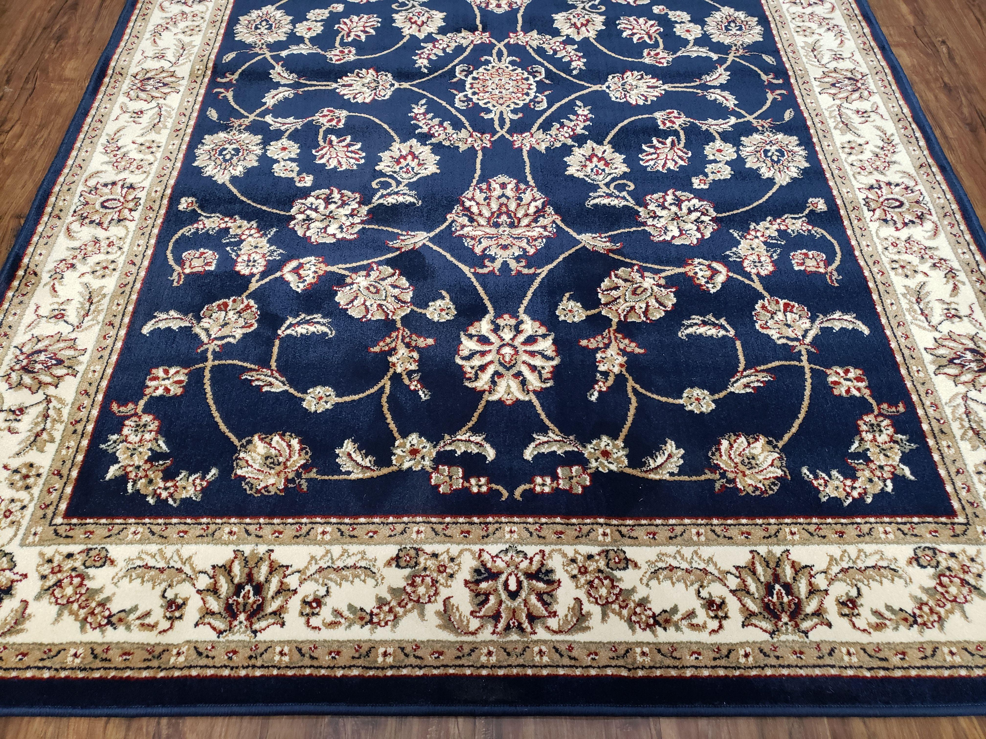 Dark Blue Oriental Area Rug Vintage, Wool & Silk Feel, Italian Rug, Persian Design, Soft Pile, Dark Blue Beige/Cream, 5.5 x 7.7, Part of Set - Jewel Rugs