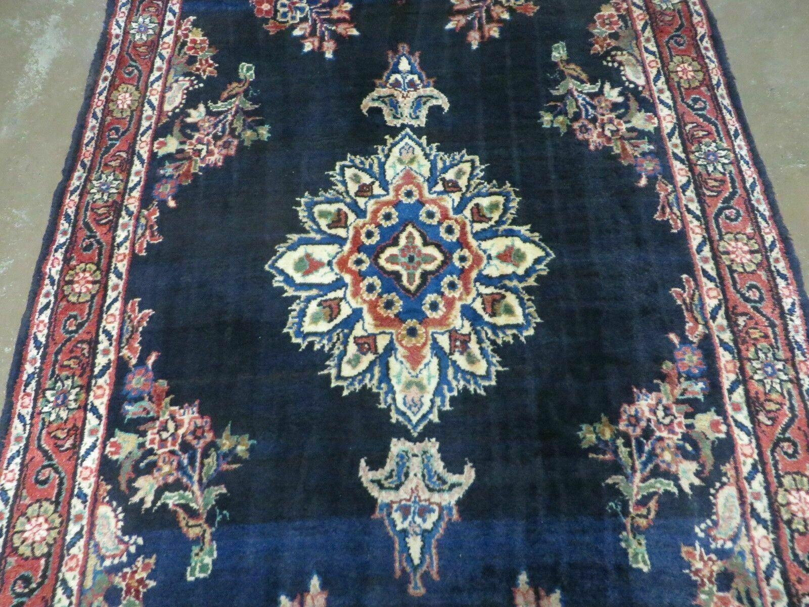 Persian Runner Rug 3.7 x 10.9, Antique Persian Lilihan Lilian Sarouk Wool Handmade Oriental Tribal Hallway Runner, Navy Blue Red Cream, Floral Semi Open Field Medallion - Jewel Rugs