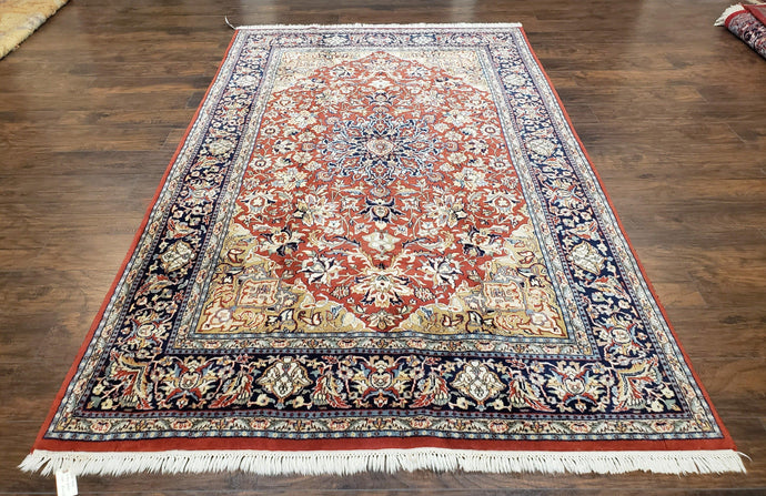 Vintage Indo Persian Oriental Rug 6 x 9.6, Wool Hand-Knotted Red Dark Blue & Gold Indian Carpet, 6 x 9 Office Room Rug, Floral Medallion - Jewel Rugs