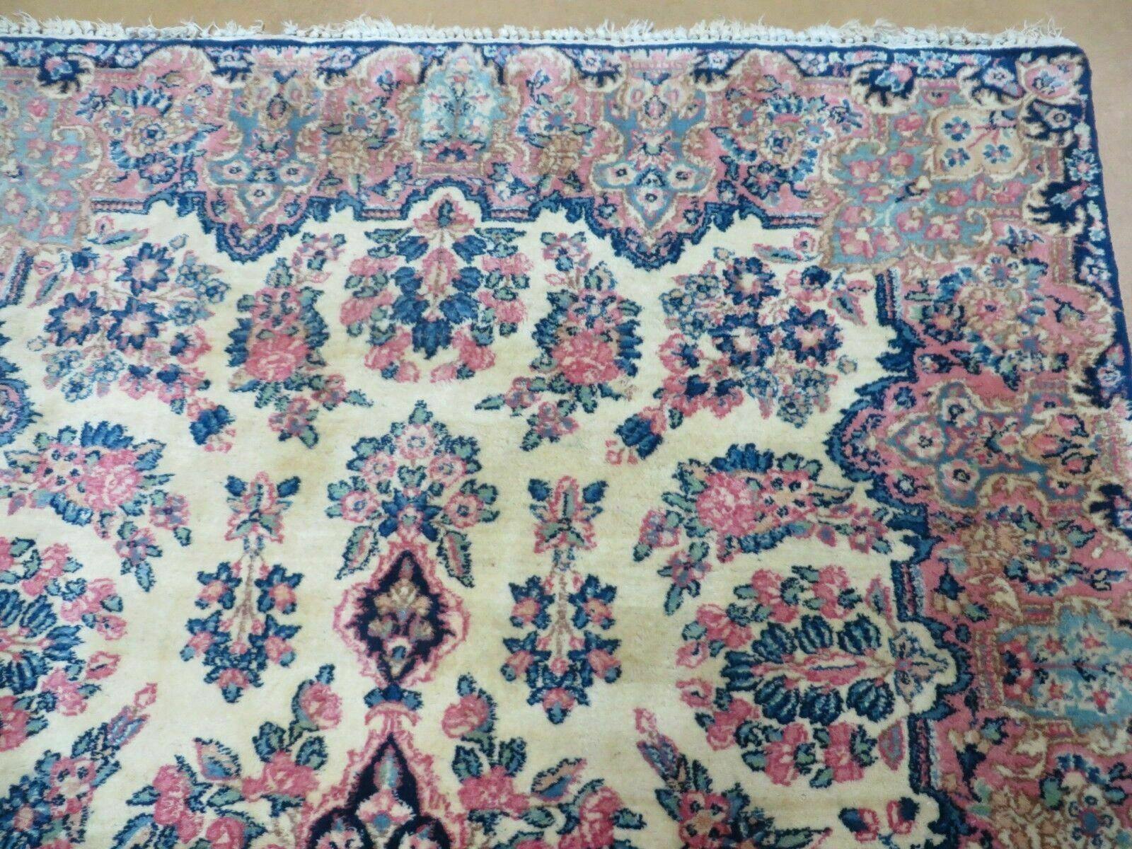 Antique Persian Kirman Rug 3.9 x 6.6, Floral Oriental Carpet, Ivory/Cream - Blue - Pink, Hand Knotted Wool Rug, Floral Medallion Rug 4x6 - Jewel Rugs