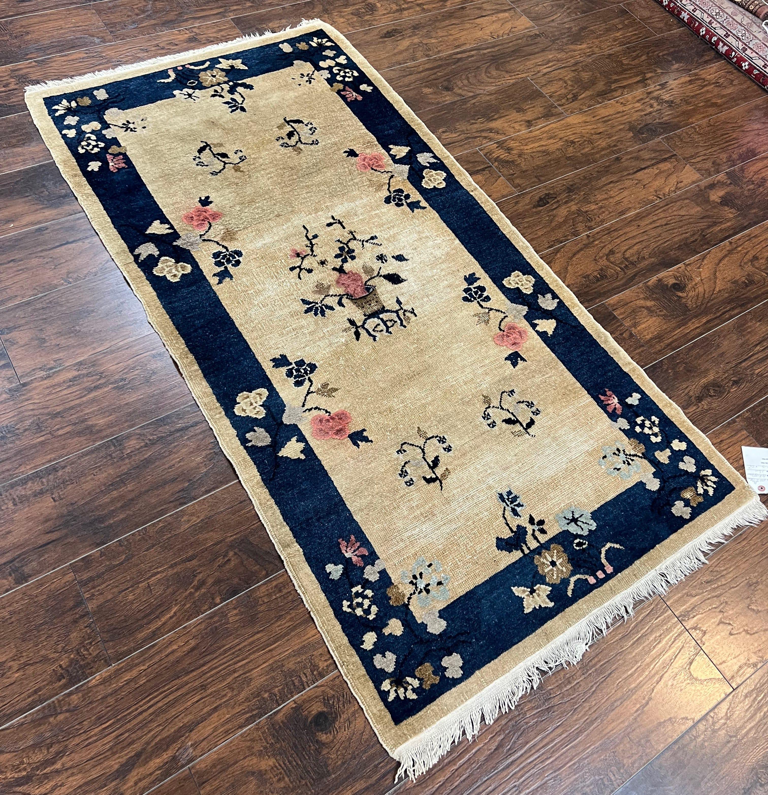 Antique Chinese Peking Rug 3x6, Beige and Dark Blue Hand Knotted Handmade Asian Oriental Carpet, Floral Vases, Vintage Wool Art Deco Rug - Jewel Rugs