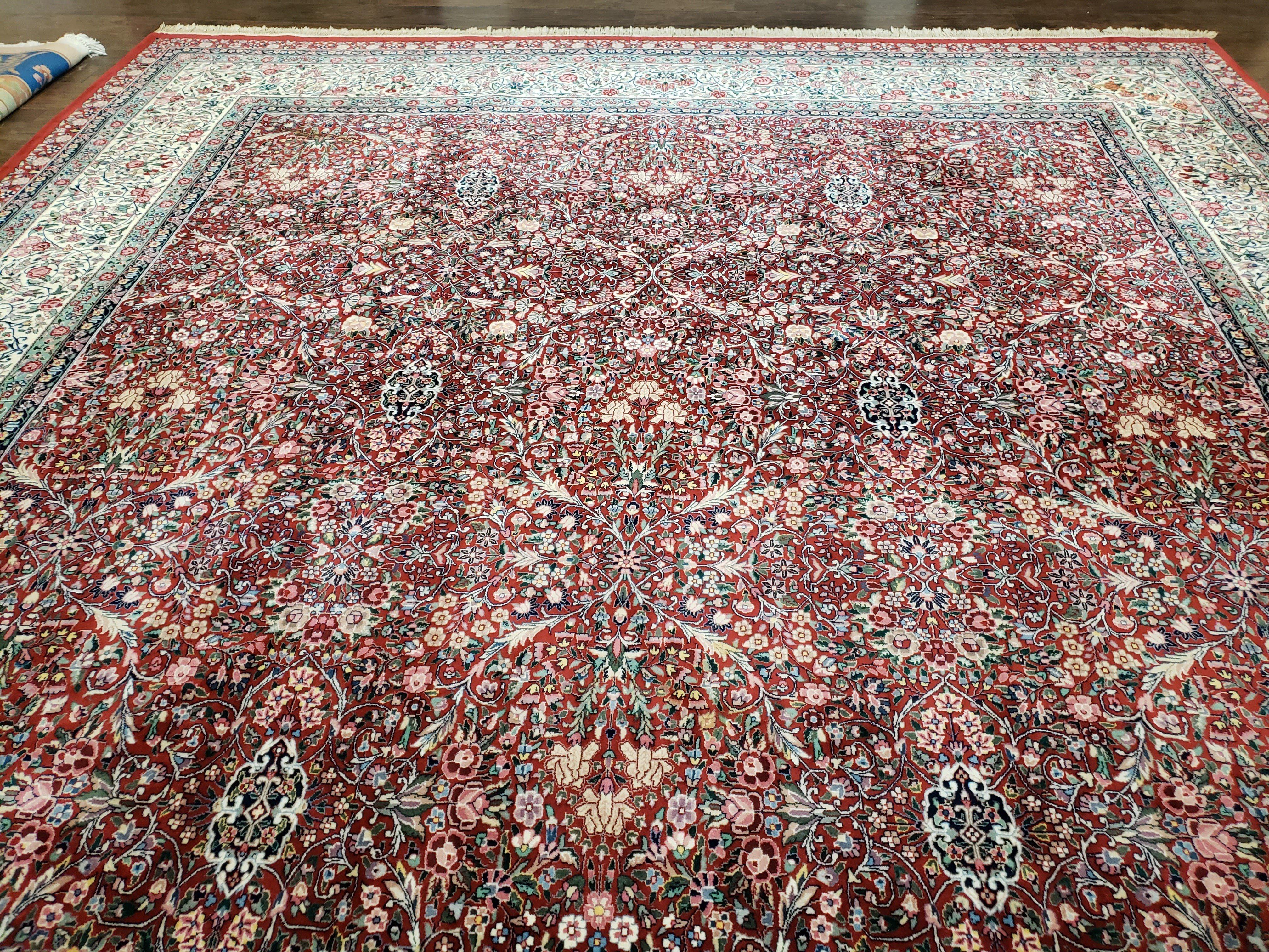 Oversized Pak Persian Rug 11x15, Large Wool Palace Carpet, Red and Ivory, Millefleur Allover Floral Pattern, Vintage Handmade Oriental Rug - Jewel Rugs