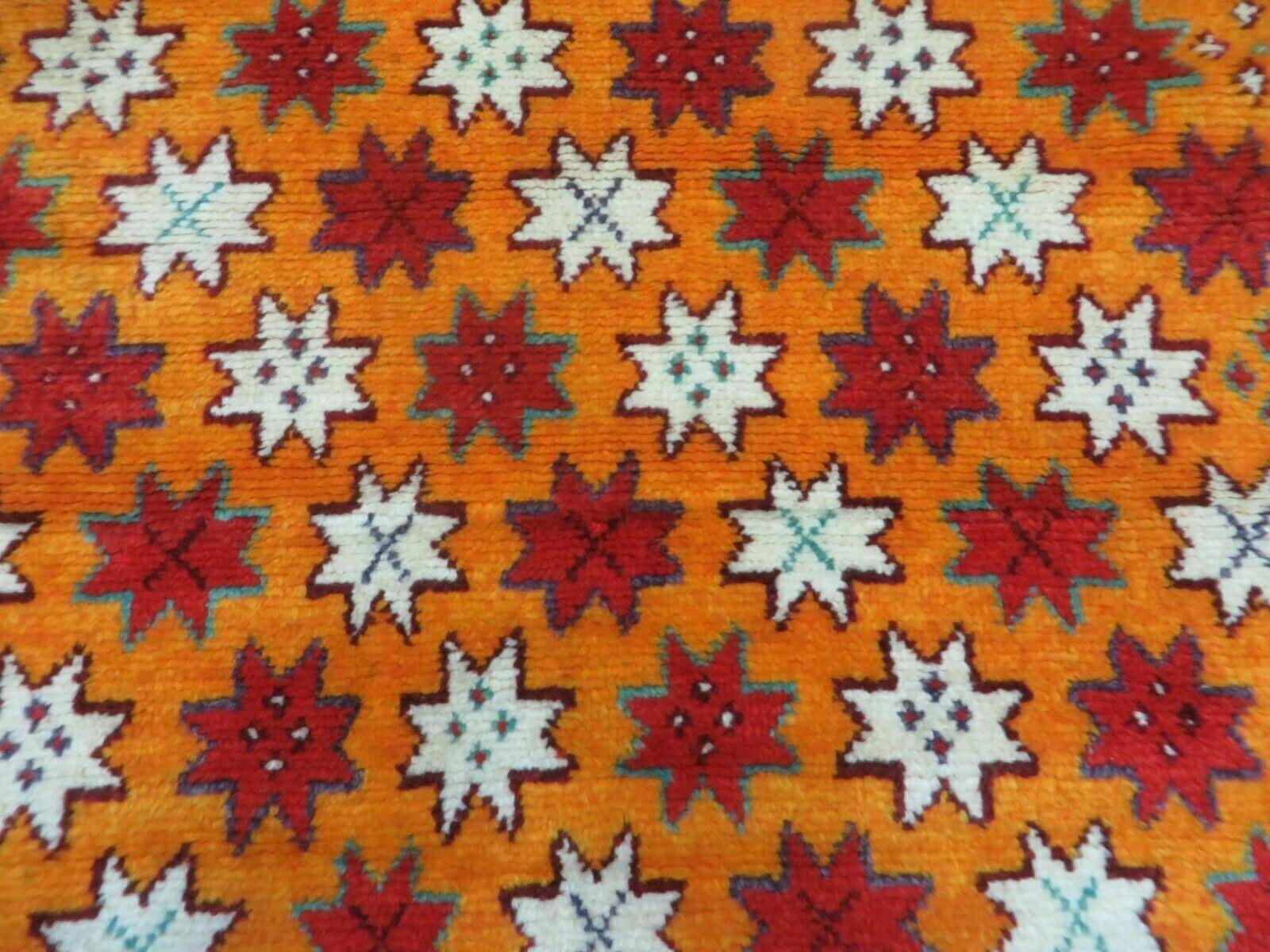Vintage Moroccan Rug 4x5, Orange Ivory Red, Geometric Stars, Repeated Motif Allover, Hand Knotted Soft Wool Area Rug, Tribal Oriental Carpet - Jewel Rugs