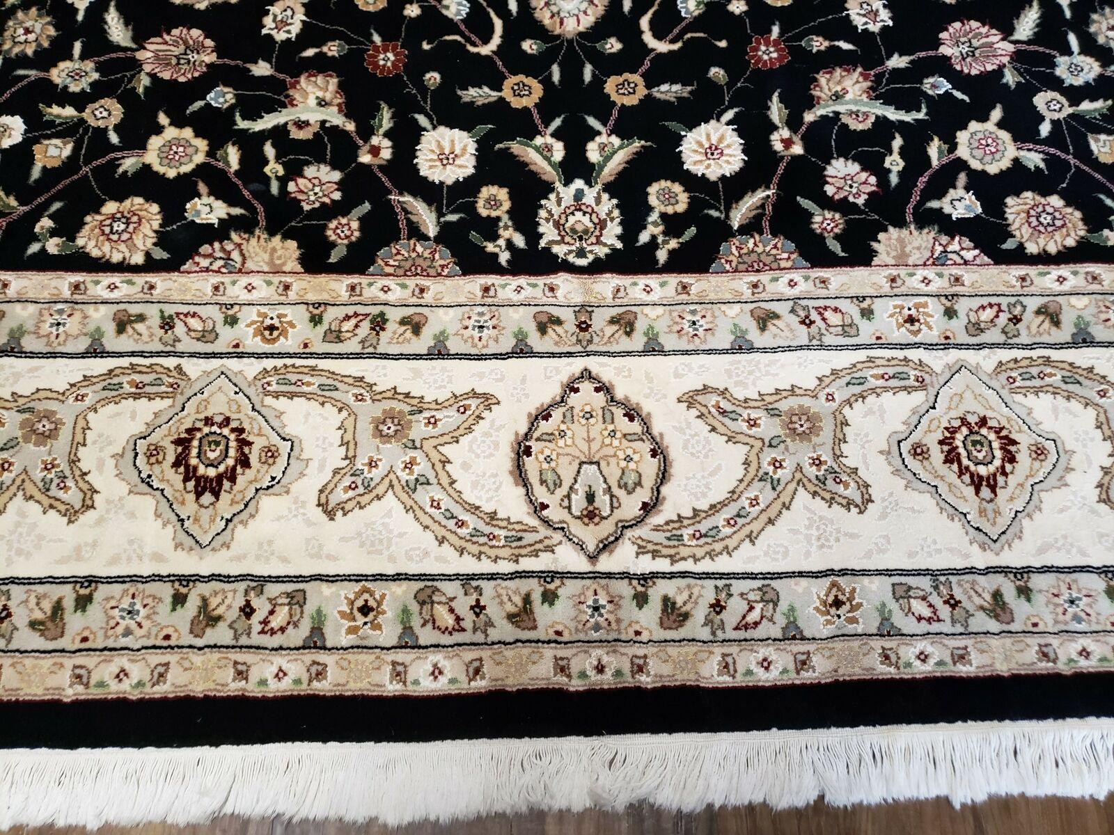 8' 5" X 11' 6" Vintage Handmade Oriental Floral Wool Rug Silk Accent Black Nice - Jewel Rugs