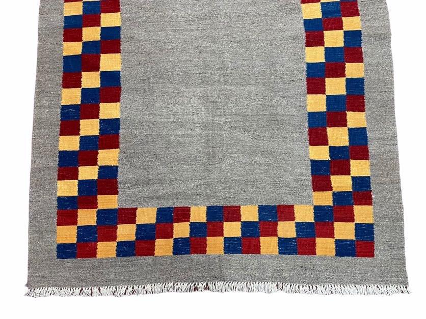 Gray Kilim Carpet, Yellow, Red, Blue Checkerboard Pattern, Flatweave, New, Geometric, Hand-Knotted, Wool, Turkish Area Rug, 5' 9" x 7' 9" - Jewel Rugs