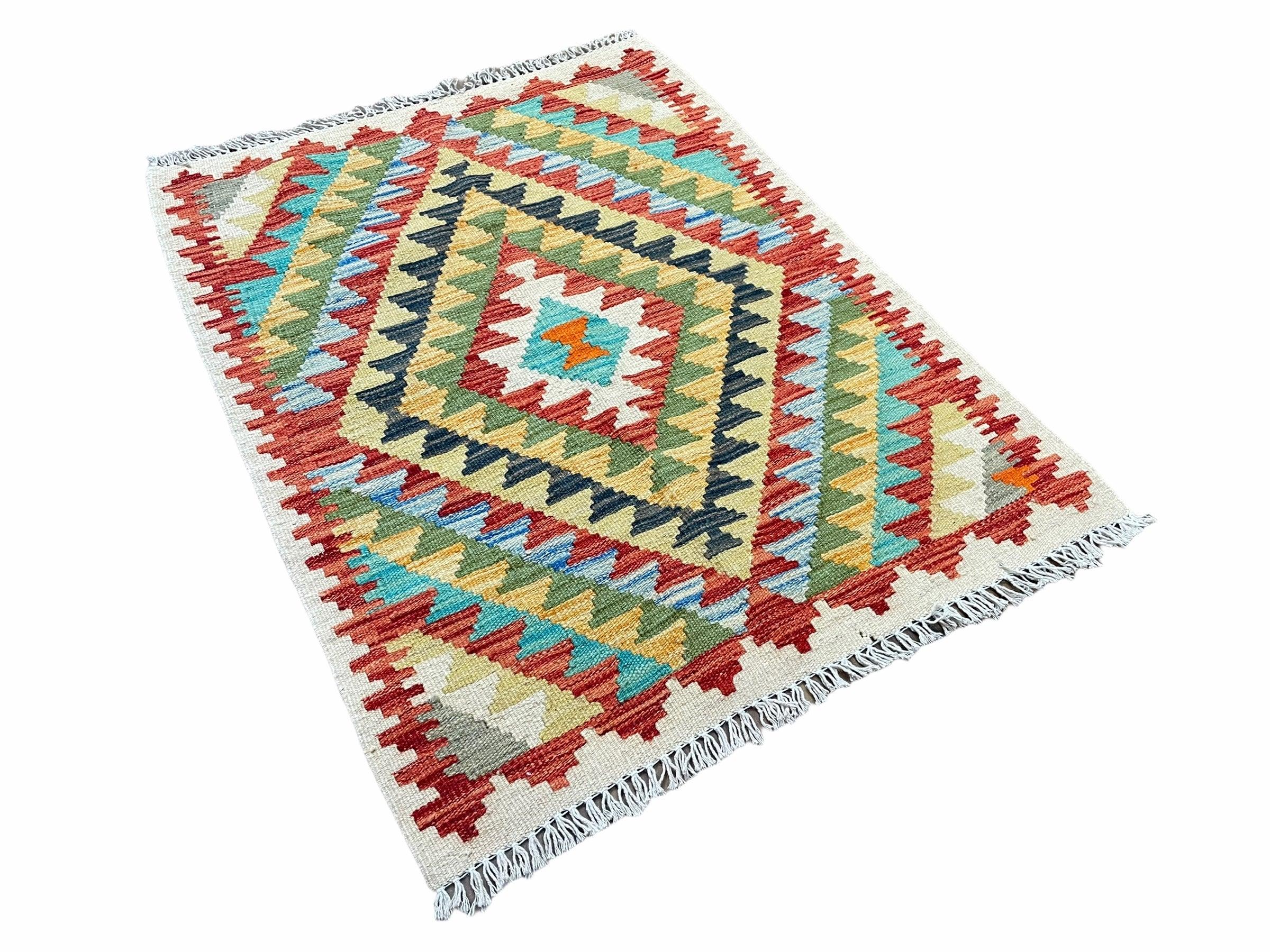 Small Kilim Rug 2x3 Colorful Turkish Kilim Accent Rug New Flatweave Wool Kilim Chobi Kilim Diamond Zigzag Playroom Rug - Jewel Rugs