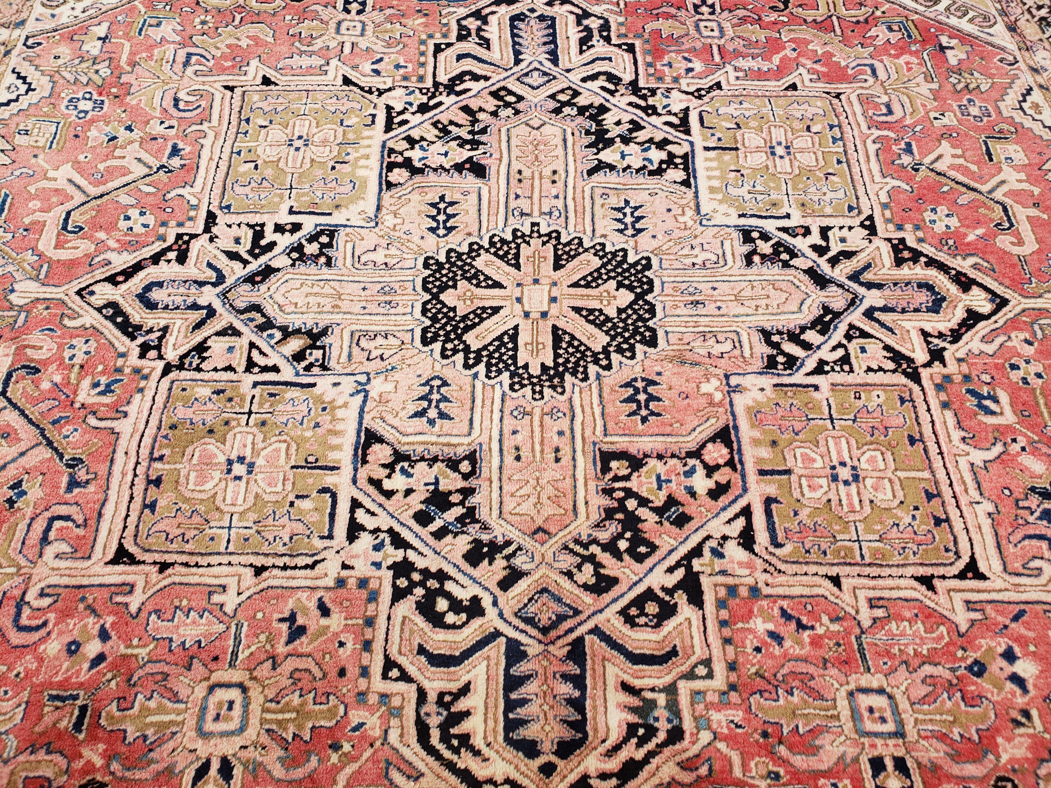 Large Antique Persian Heriz Serapi Rug, Hand-Knotted, Wool, Salmon Red, 9'7" x 13' 3" - Jewel Rugs