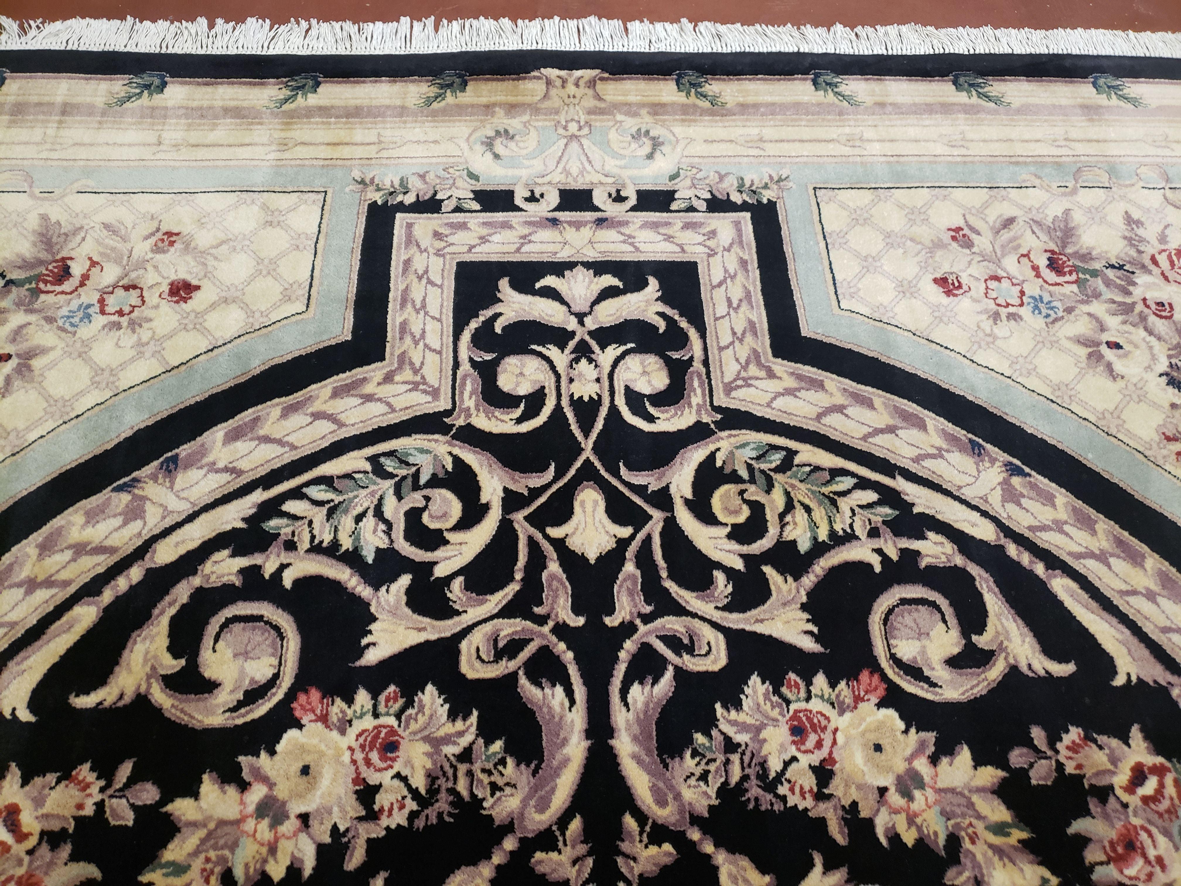 8x10 Aubusson Rug, Fine Hand Knotted Wool Carpet, French European Design, Black & Ivory - Jewel Rugs