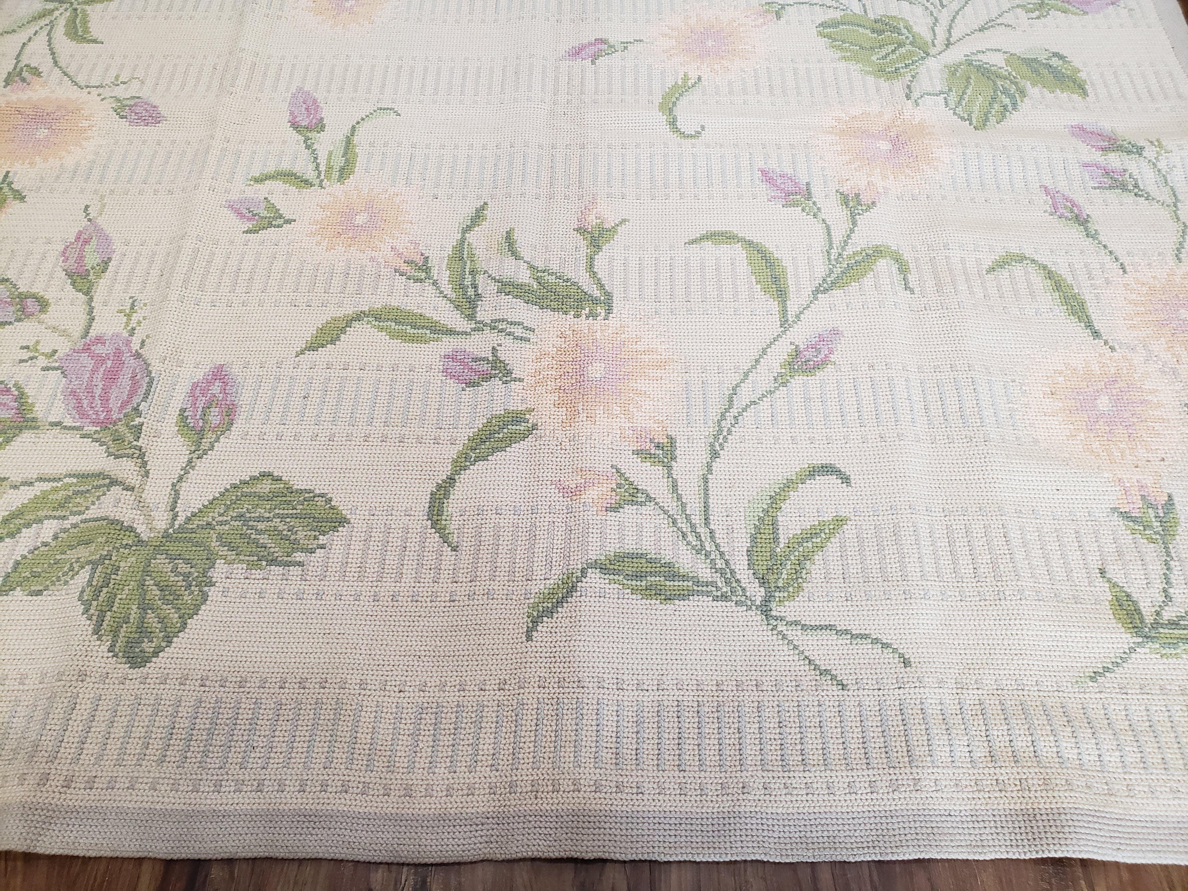 Vintage Portuguese Needlepoint Area Rug 6x9 Wool Hand-woven Flatweave Carpet, Ivory Flowers Leaves, 6 x 9 Dinning Table Rug - Bedroom Rug - Jewel Rugs