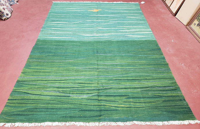 Green Turkish Kilim Rug, 6x9 - 7x10 Rugs, Bird, Handmade New Area Rug, Wool, Bohemian Boho Decor, Hand Woven, Modern Abstract Flat Weave Rug - Jewel Rugs