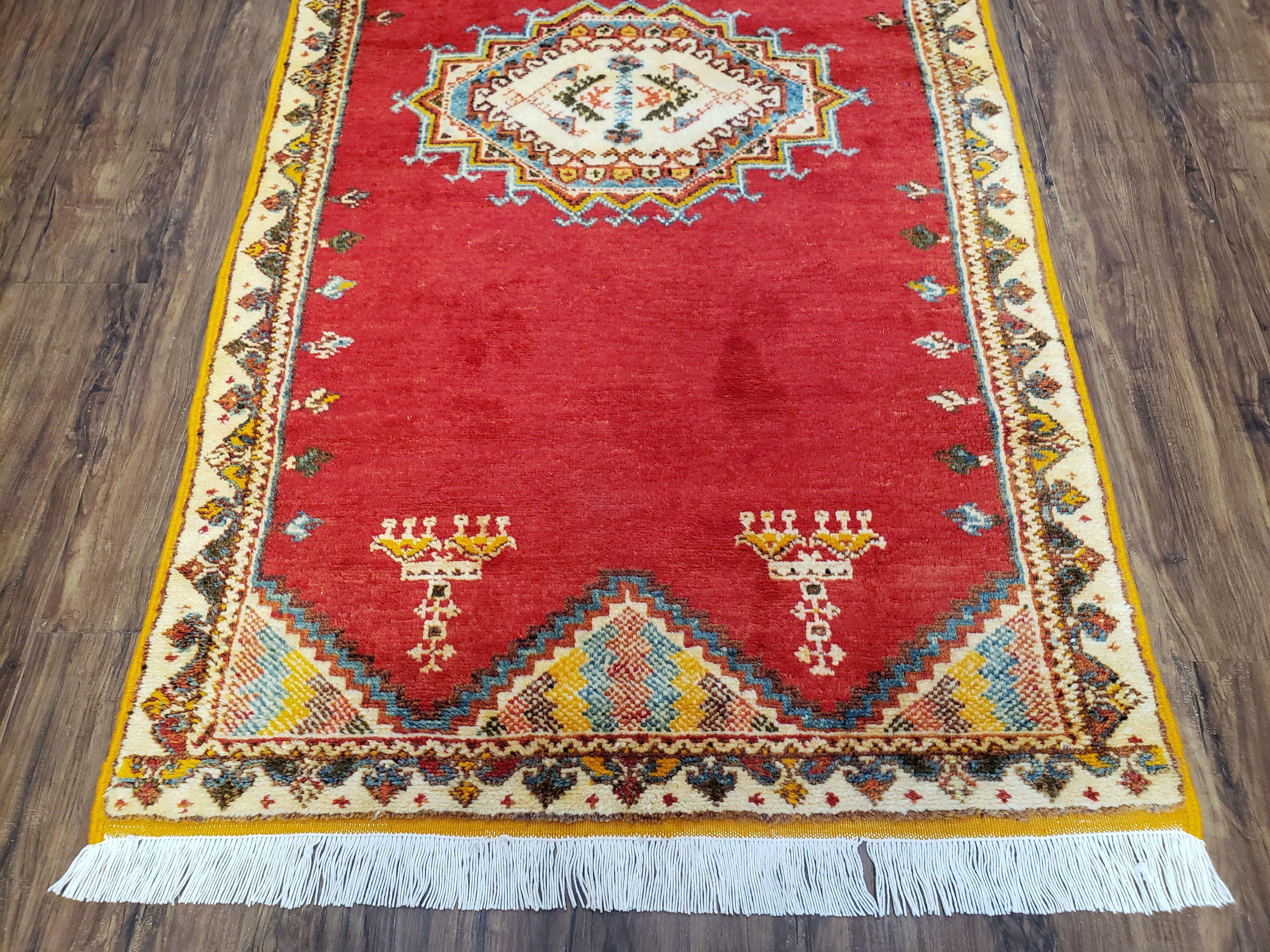 Vintage Moroccan Area Rug, Bright Red Hand-Knotted Wool Carpet, Medallion Area Rug, 4x6 Carpet, Office Room Rug, 3'4" x 6'4" - Jewel Rugs