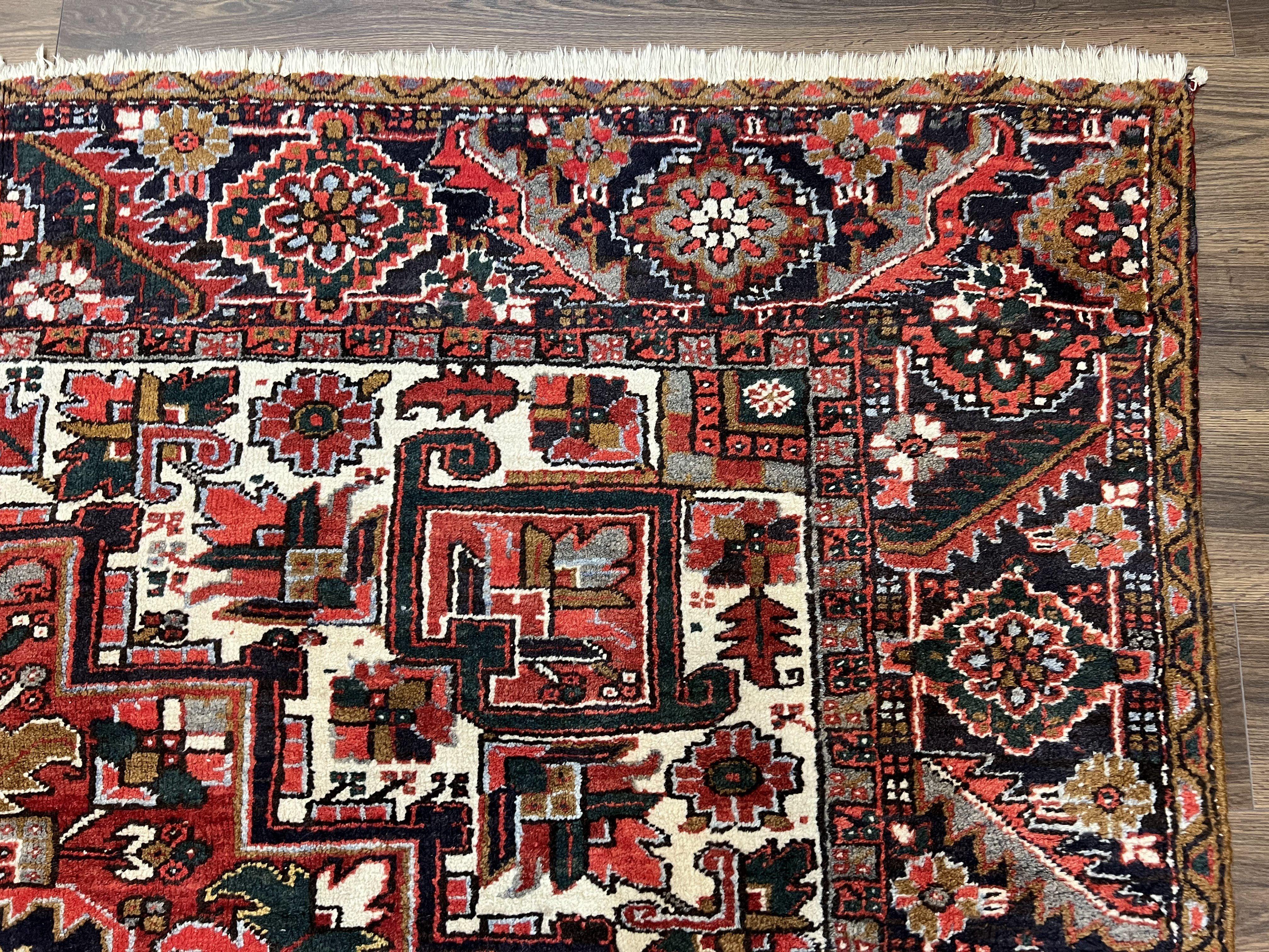 Persian Heriz Rug 8x12, Vintage Geometric Medallion Carpet, Semi Antique Wool Handmade Room Sized Oriental Rug 8 x 12, Red Dark Blue Ivory - Jewel Rugs