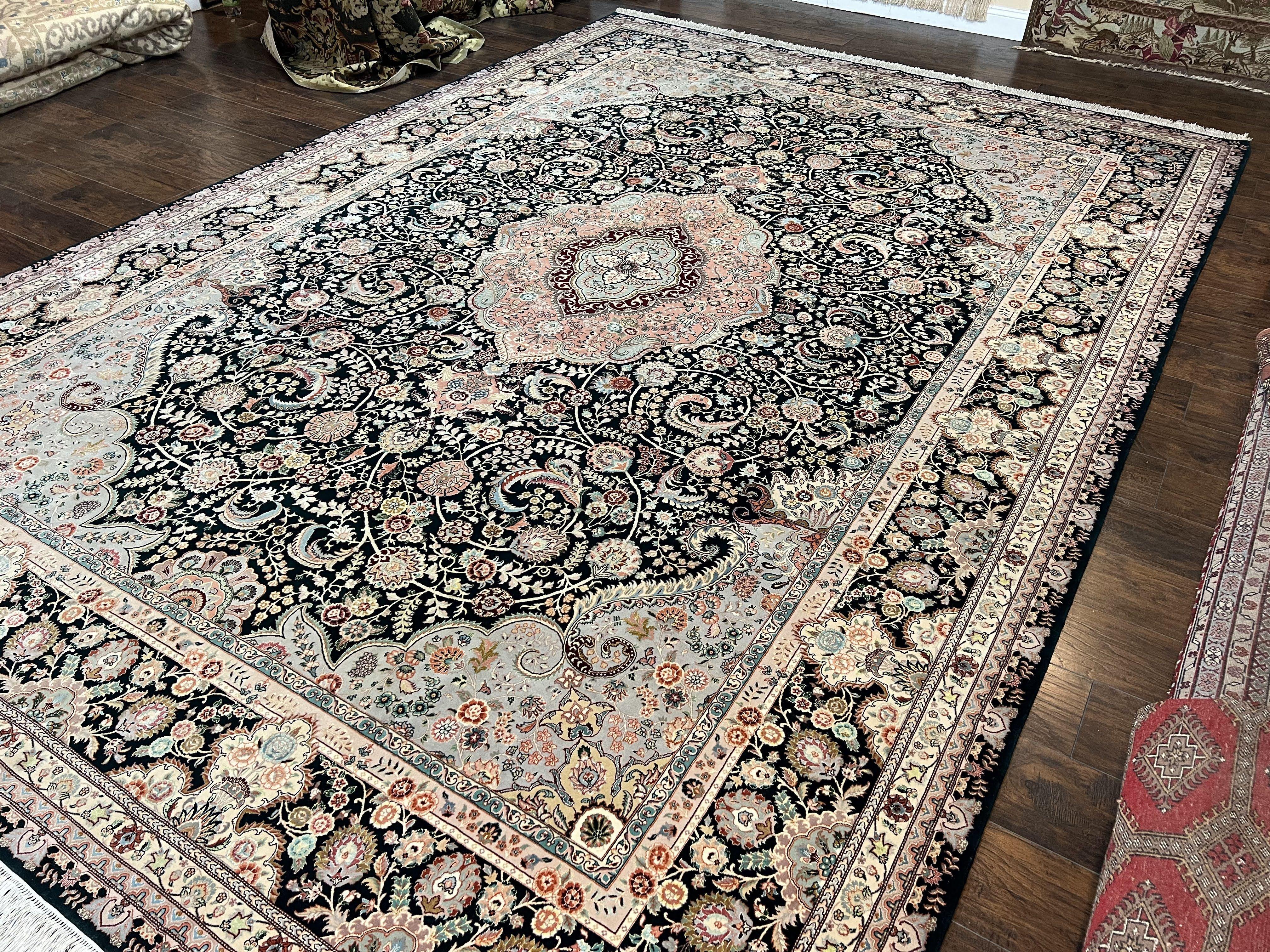 Wonderful Sino Persian Rug 10x14, Wool on Silk Foundation, Very Fine Floral Medallion Oriental Carpet, Dark Green Salmon Pink Light, Wow - Jewel Rugs