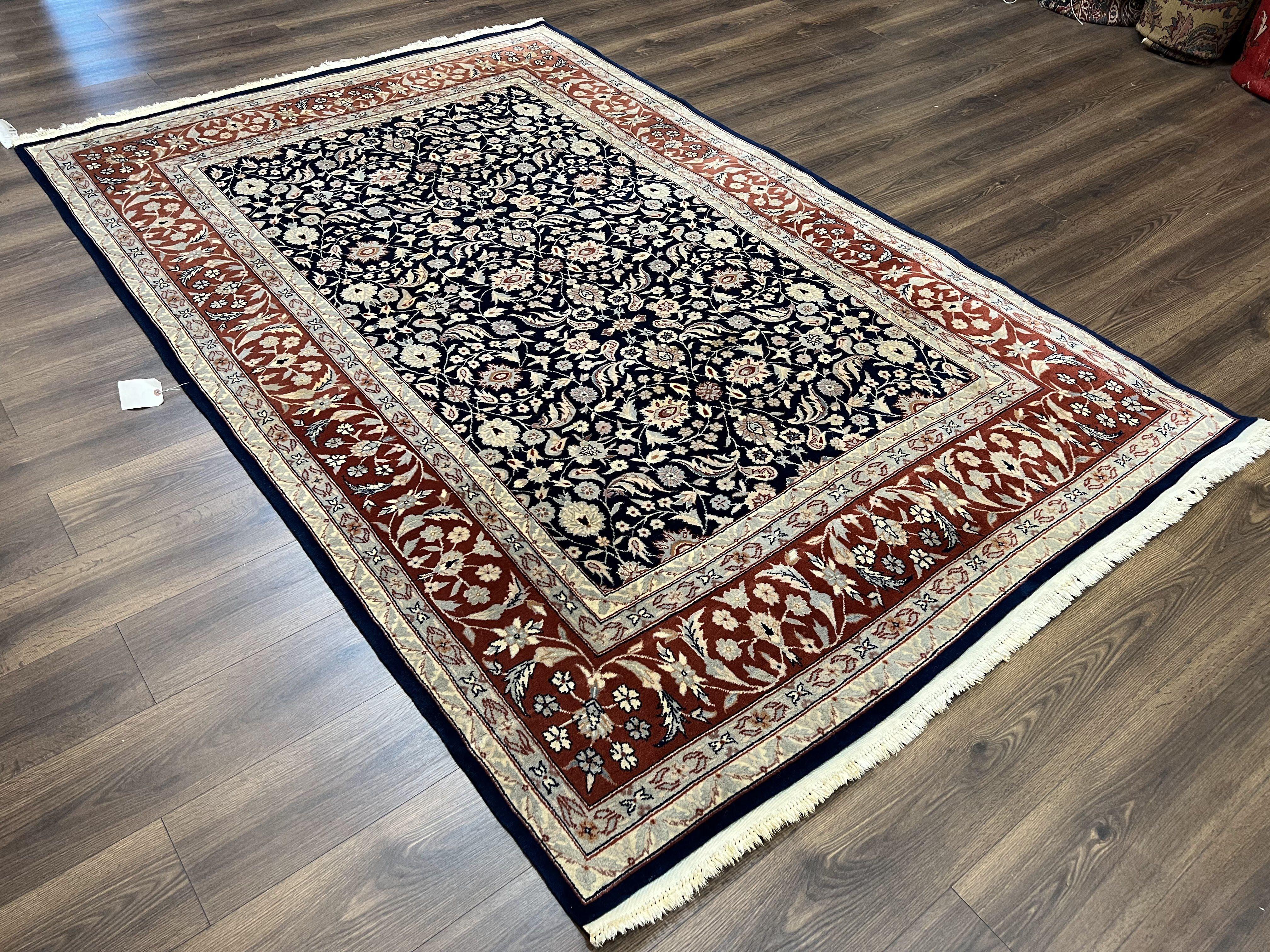 Indo Sarouk Rug 6x9, Vintage Indian Persian Rug, Wool Oriental Carpet, Navy Blue Red Allover Floral Rug, Traditional Very Fine Rug, Area Rug - Jewel Rugs