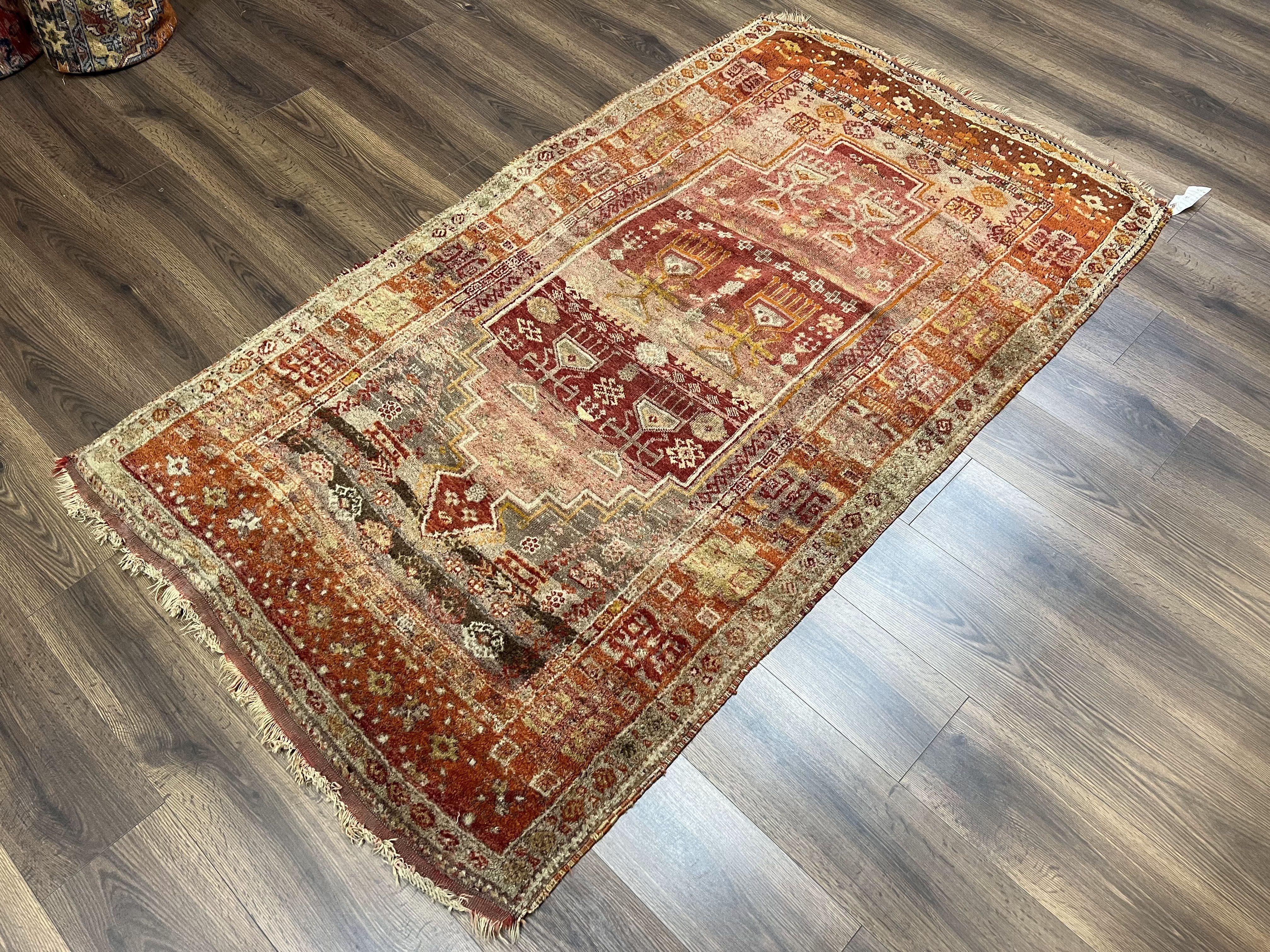 Antique Turkish Melas Rug 4x7, Tribal Geometric Unique Collectible Hand Knotted Wool Oriental Carpet, Rare 1920s Rug, Burnt Orange Red - Jewel Rugs