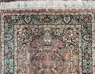 Silk Turkish Hereke Rug 2.8 x 3.2, Small Square Oriental Carpet 3x3, Prayer Arch Birds Animals Vase, Top Quality Very Fine, Salmon Navy Blue - Jewel Rugs