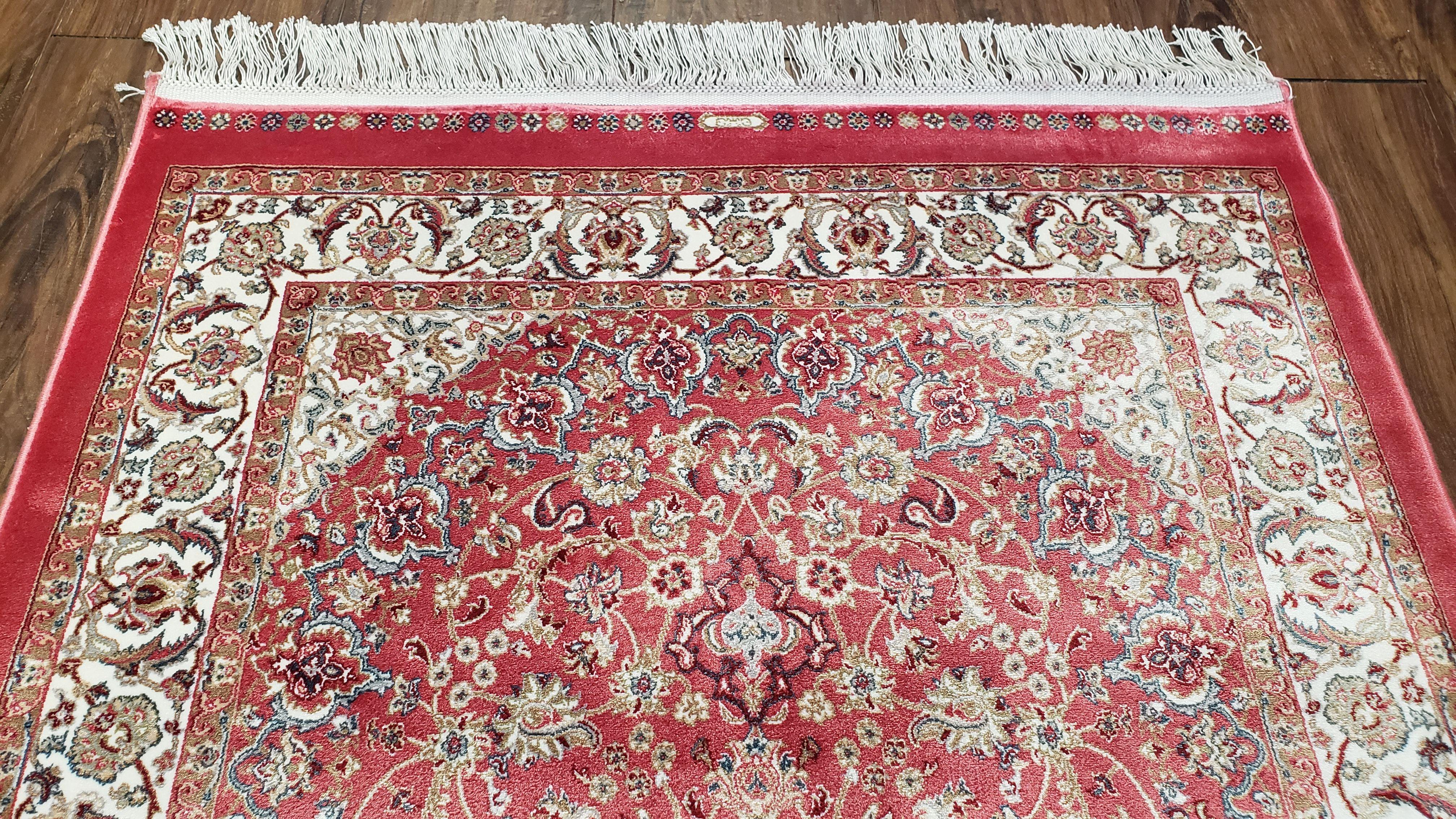 Red & Cream Silk Rug, Small Silk Carpet, Oriental Rug with Medallion, Accent Rug, Bamboo Silk, New, 2.5 x 4 ft Rug Mat, 2' 8" x 4' 1" - Jewel Rugs