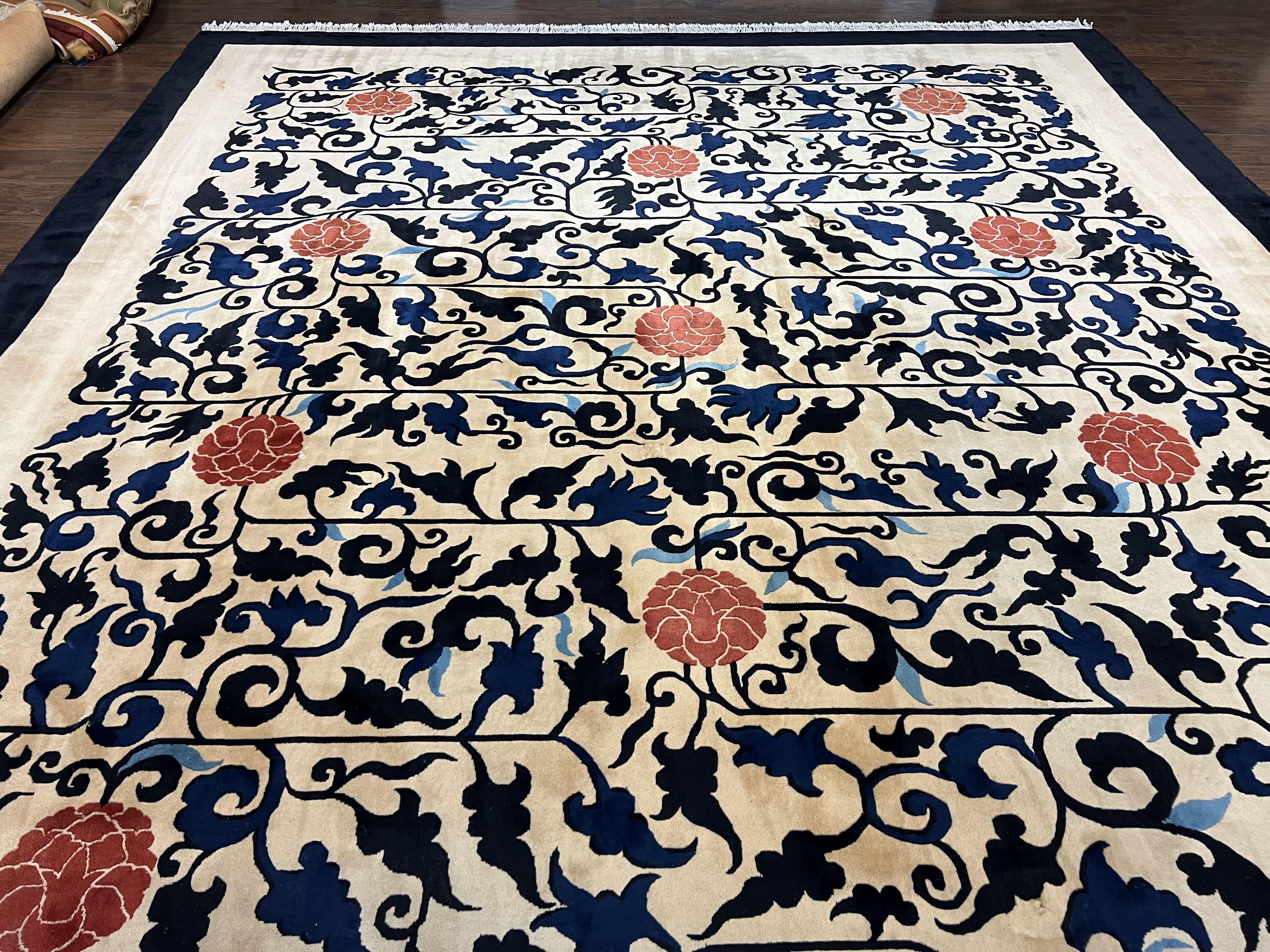 Antique Chinese Peking Rug 10x14, Beige Black, Handmade Wool Art Deco Carpet - Jewel Rugs