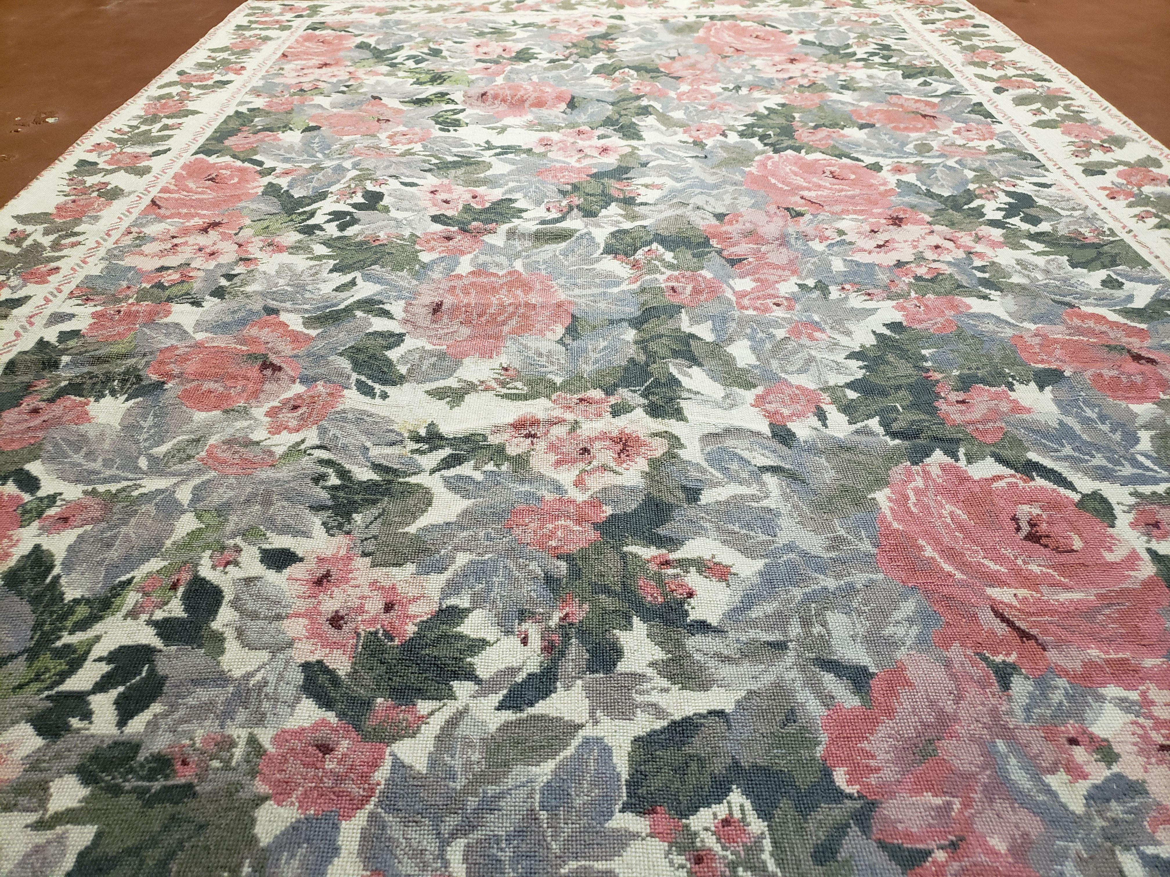 5x8 Needlepoint Rug 5' 4" x 8' 3" Wool Flat Weave Floral New Unused Carpet English Design Ivory Large Pink Flowers Green Leaves Hand-Knotted - Jewel Rugs