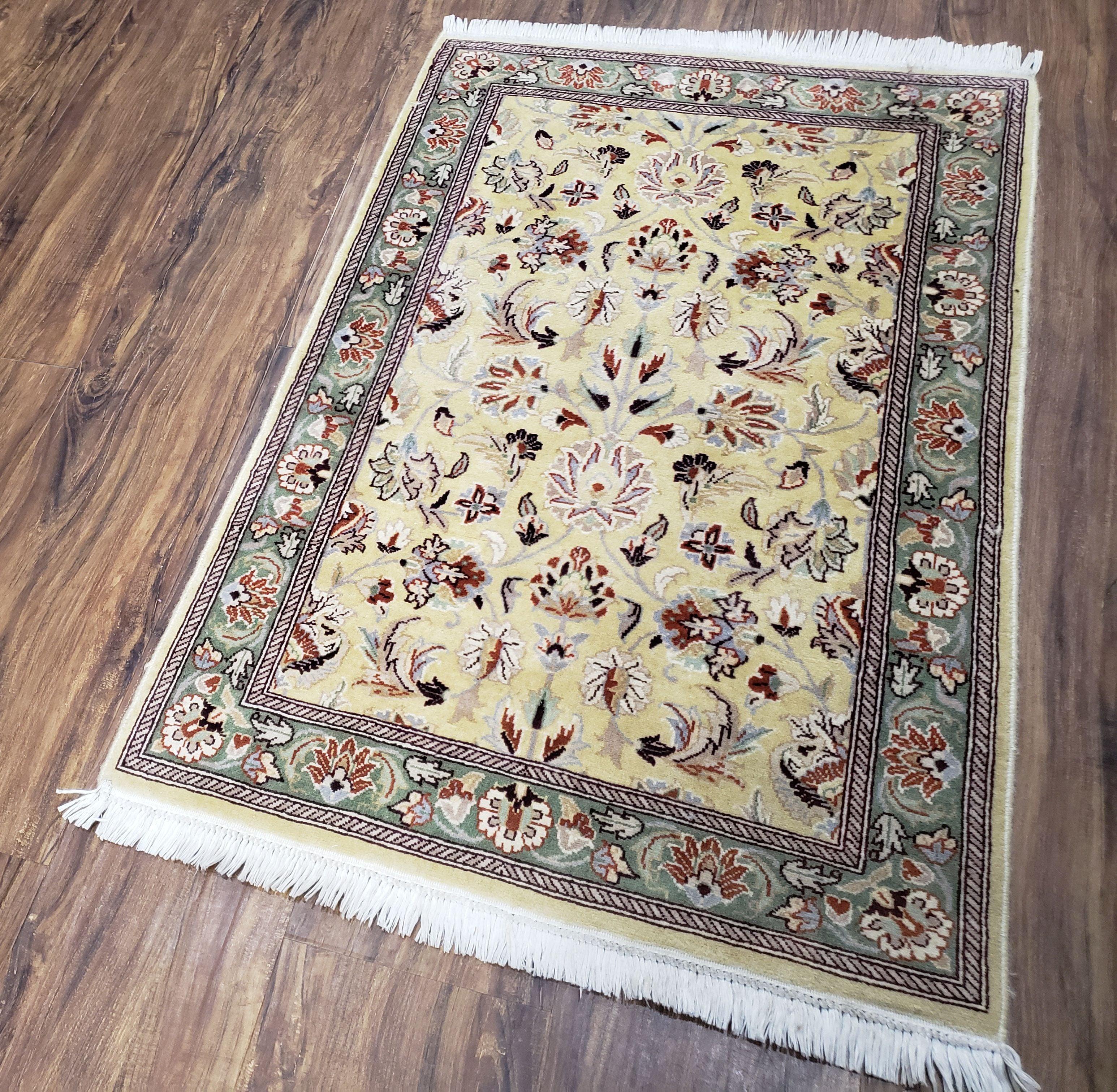 Small Pak Persian Rug 2x3 Vintage Carpet, Yellow & Green, Allover Floral Accent Rug, Hand-Knotted, Pakistani Wool Oriental Rug - Jewel Rugs