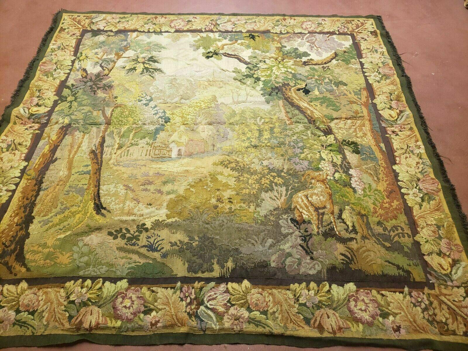 6' 5" X 7' Antique Tapestry French Handmade Aubusson Weave Nature One Of A Kind - Jewel Rugs