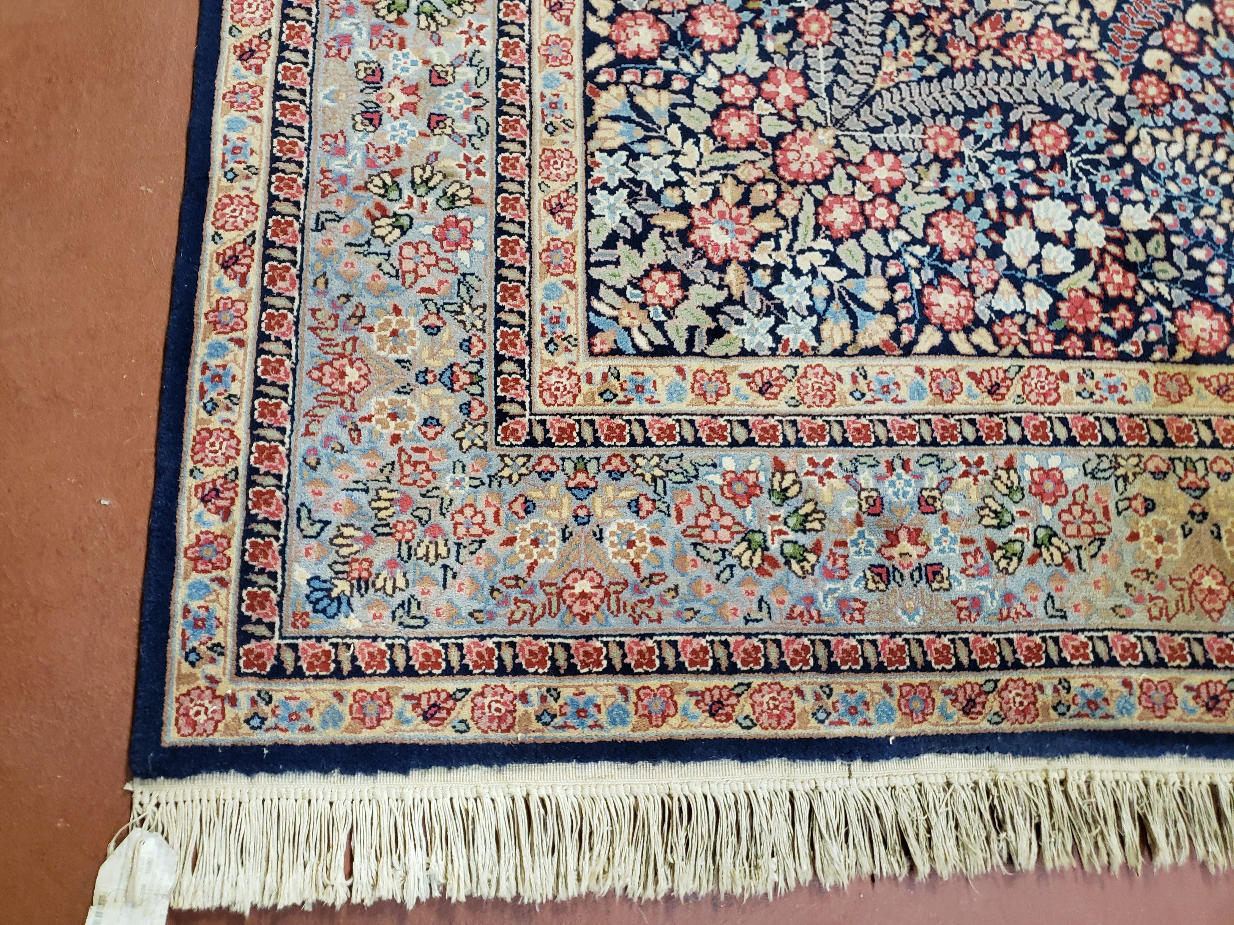 6x9 Turkish Royal Kirman Rug Highly Detailed Vintage Wool Carpet Dark Blue Light Blue Pink Floral Allover Pattern Finely Woven Nice - Jewel Rugs