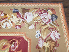 Vintage Chinese Aubusson Savonnerie Flat Pile Rug 9.9 x 14.5 Wool Handwoven Red & Khaki Large Flowers Rug 9x14 - 10x15 Michaelian Kolhberg - Jewel Rugs