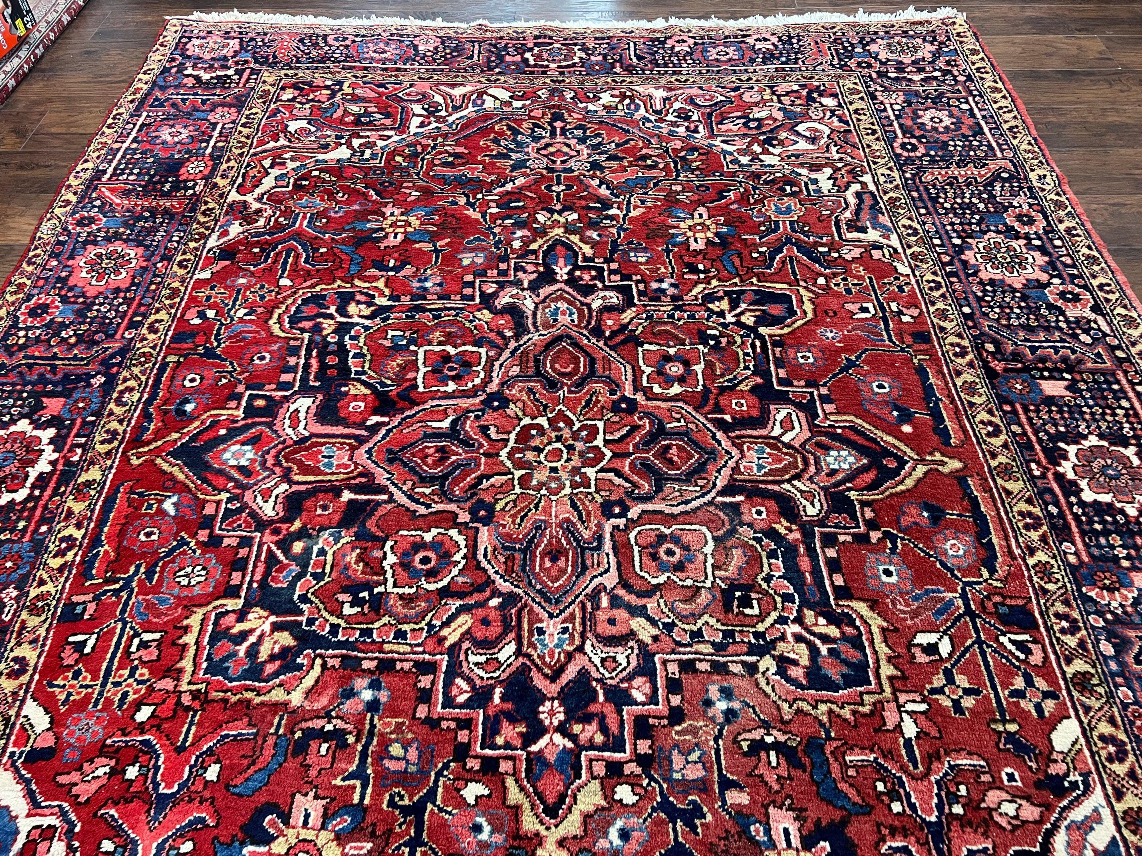 Persian Heriz Rug 8x12, Vintage Geometric Medallion Carpet, Semi Antique Wool Handmade Room Sized Oriental Rug 8 x 12, Red Dark Blue Ivory - Jewel Rugs