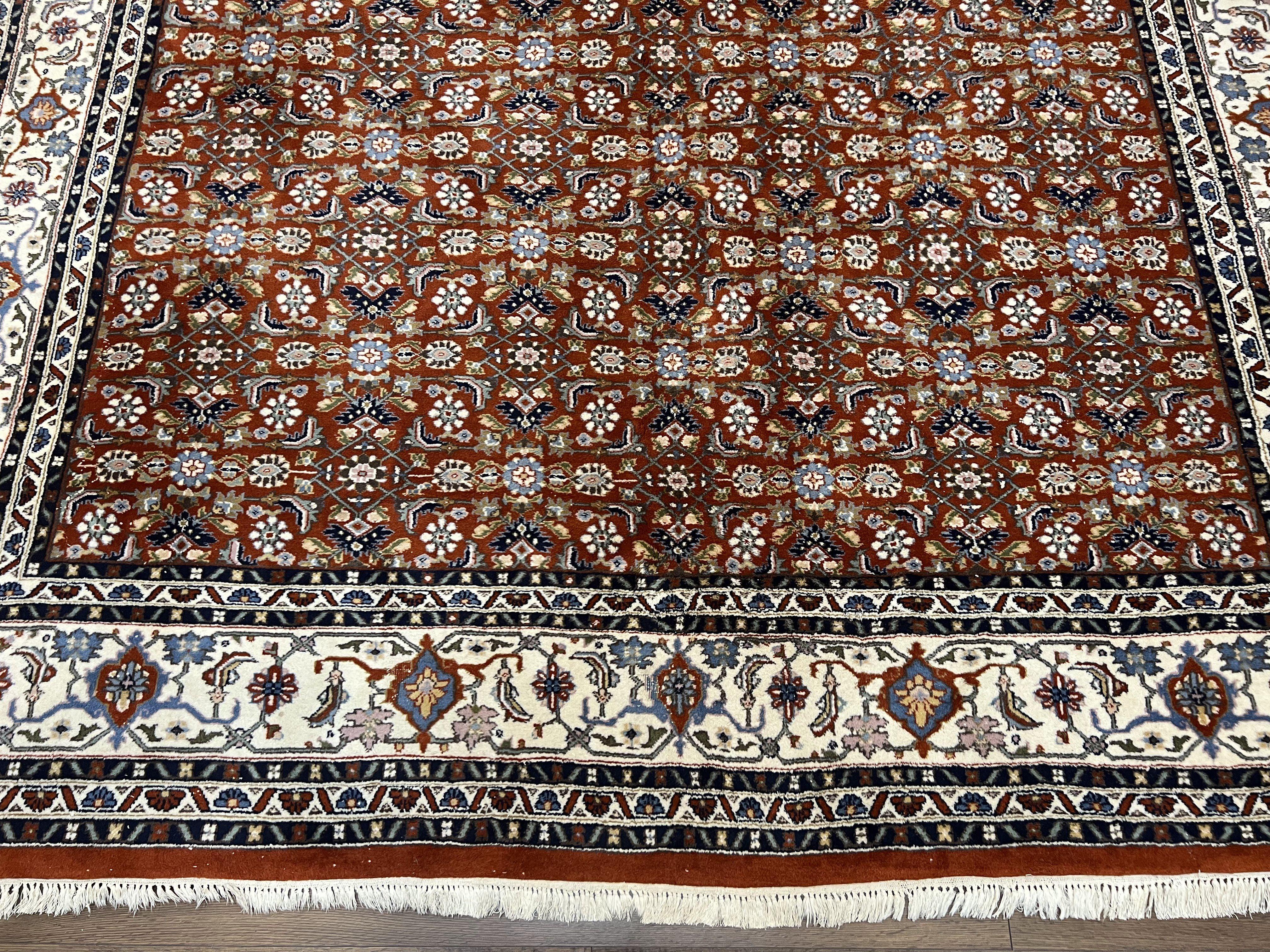 Indo Bidjar Rug 8x10, Indo Persian Bijar Carpet 8 x 10 ft, Herati Allover Floral, Red and Ivory, Wool Hand Knotted Vintage Oriental Rug Nice - Jewel Rugs