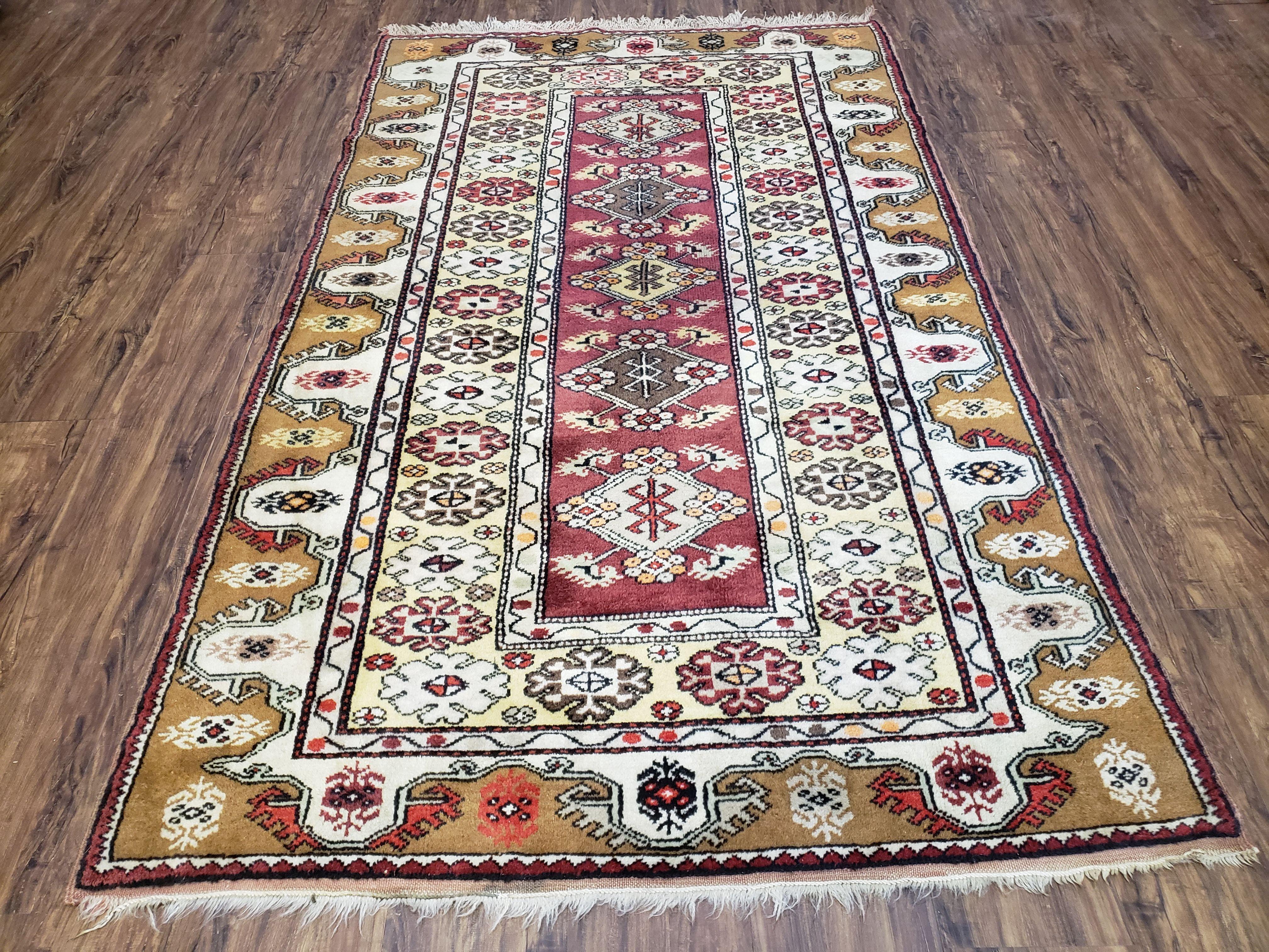 Turkish Caucasian Rug 4x7, Vintage Hand-Knotted Wool Turkish Talish Carpet 4 x 7, Cream, Burnt Orange Carmine Red Area Rug, Bohemian Rug - Jewel Rugs