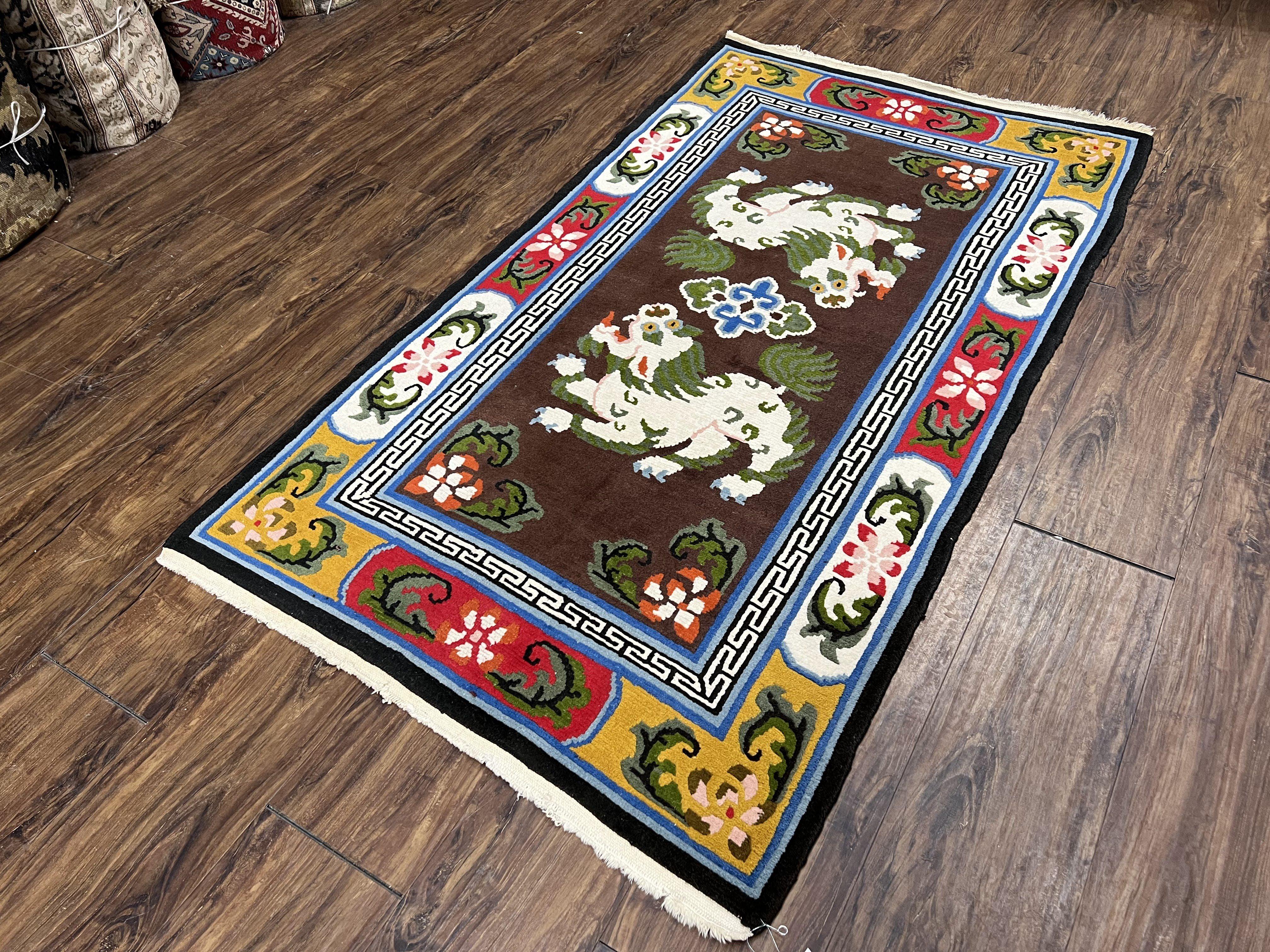 Chinese Peking Rug 3x5 with Animal Pictorial, Brown Ivory Gold Red, Handmade Vintage Chinese Carpet, Art Deco Rug, Unique Asian Oriental Rug - Jewel Rugs