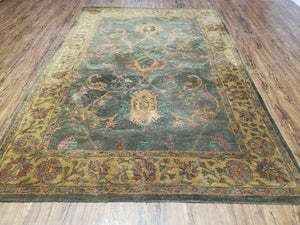 5' 8" X 8' 5" Vintage Hand Tufted India Agra Wool Rug Green Gold - Jewel Rugs