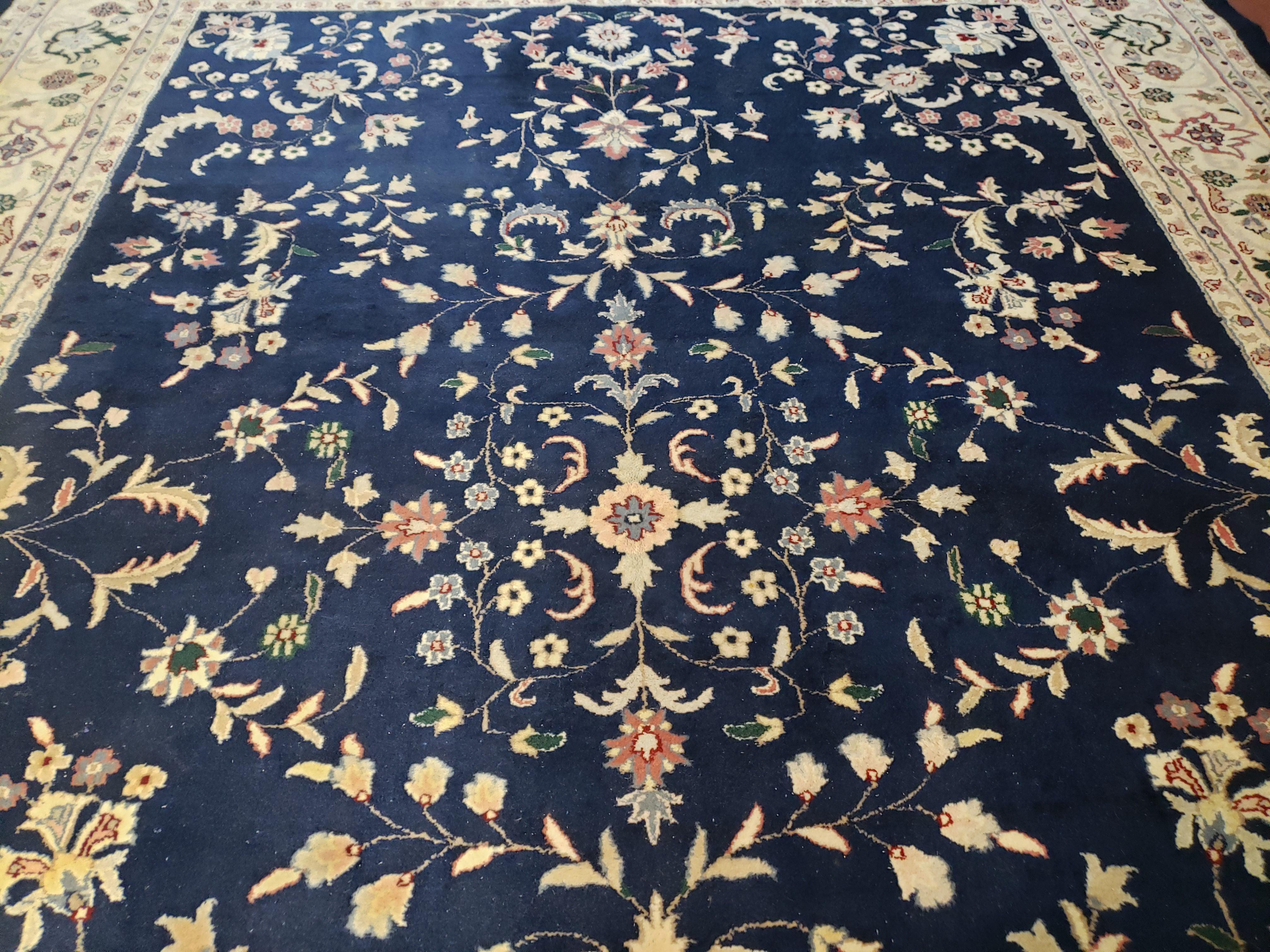 9x12 Pak Persian Floral Rug, 9 x 12 Pakistani Peshawar Rug, Midnight Blue Rug, Beige & Ivory, Hand-Knotted Oriental Carpet, Living Room Rug - Jewel Rugs