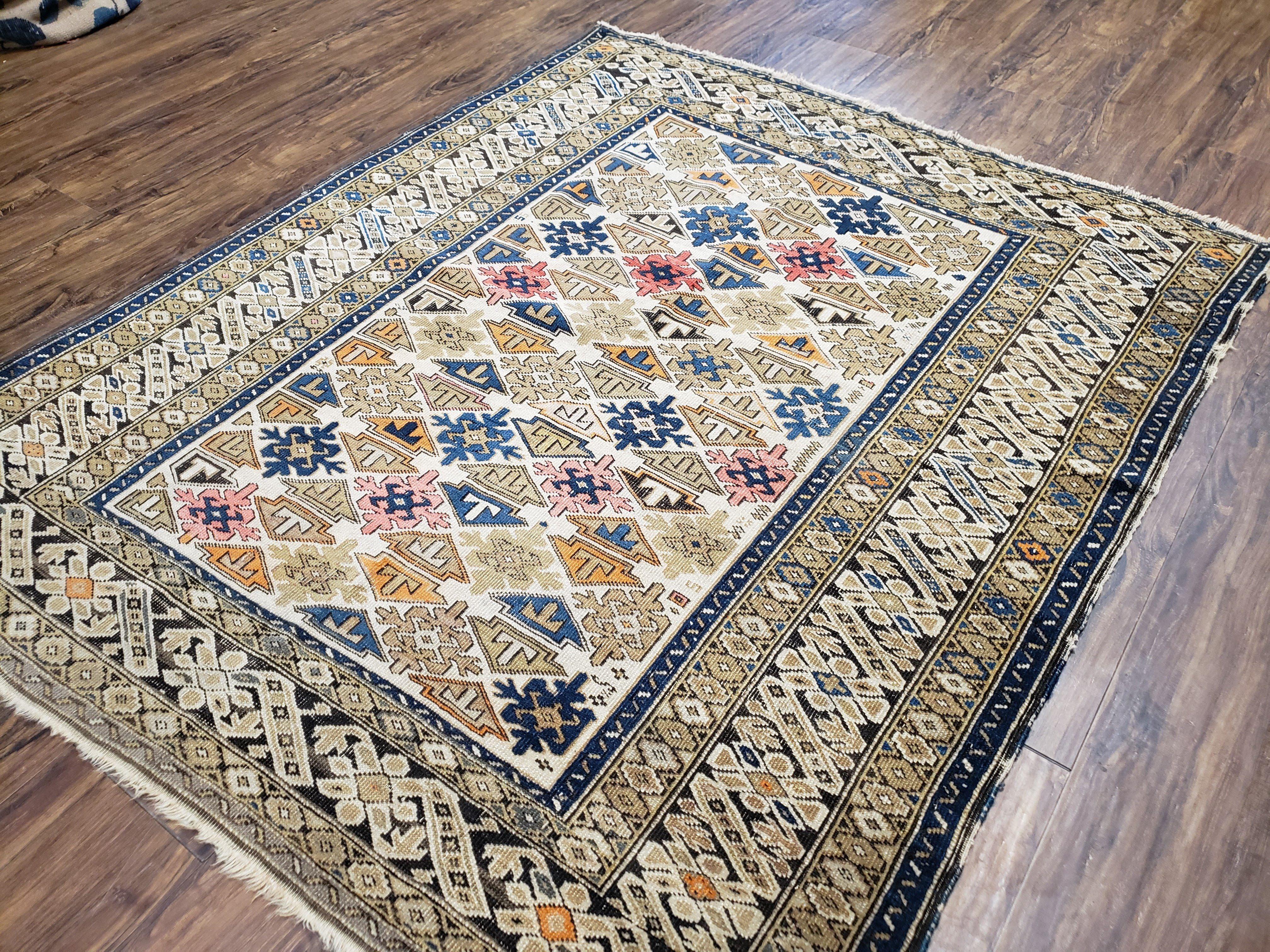 Antique Caucasian Shirvan Area Rug 4x5, 1920s Kuba Rug, Caucasus Mountains Wool Hand-Knotted Dagestan Carpet, Ivory Blue Yellow, Collectible - Jewel Rugs