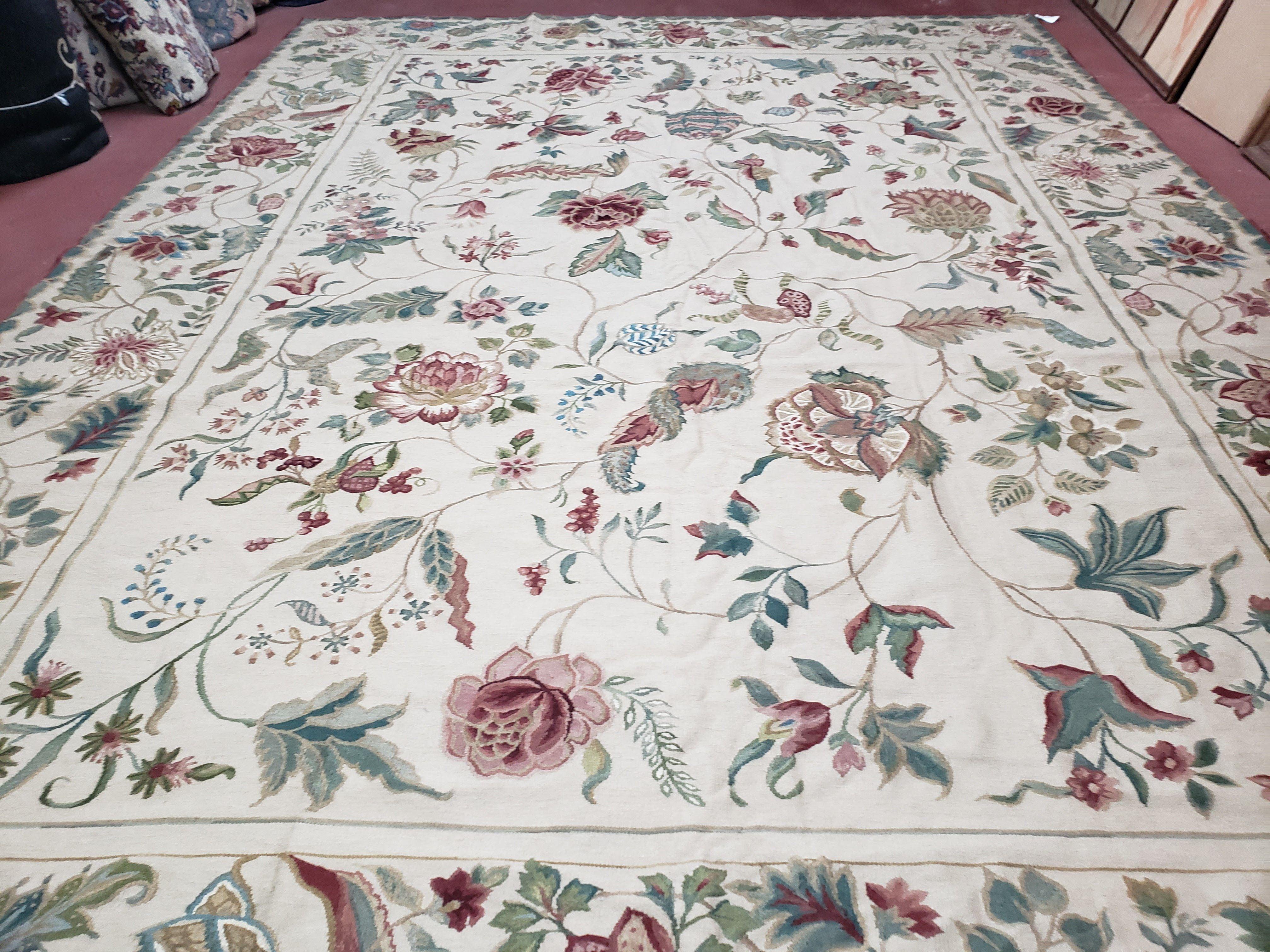 New Aubusson Rug, 10x13 Aubusson Rug, Hand-Woven Handmade, Floral Roses and Leaves, Beige/Ivory, Large Wool Flatweave Rug, 9x13 - 10x14 Rugs - Jewel Rugs