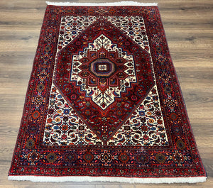 Fine Persian Bidjar Rug 3x5, Geometric Medallion Oriental Bijar Carpet 3 x 5 ft, Ruby Red and Cream, Hand Knotted Wool Rug, Semi Antique Tribal Rug, Nice - Jewel Rugs