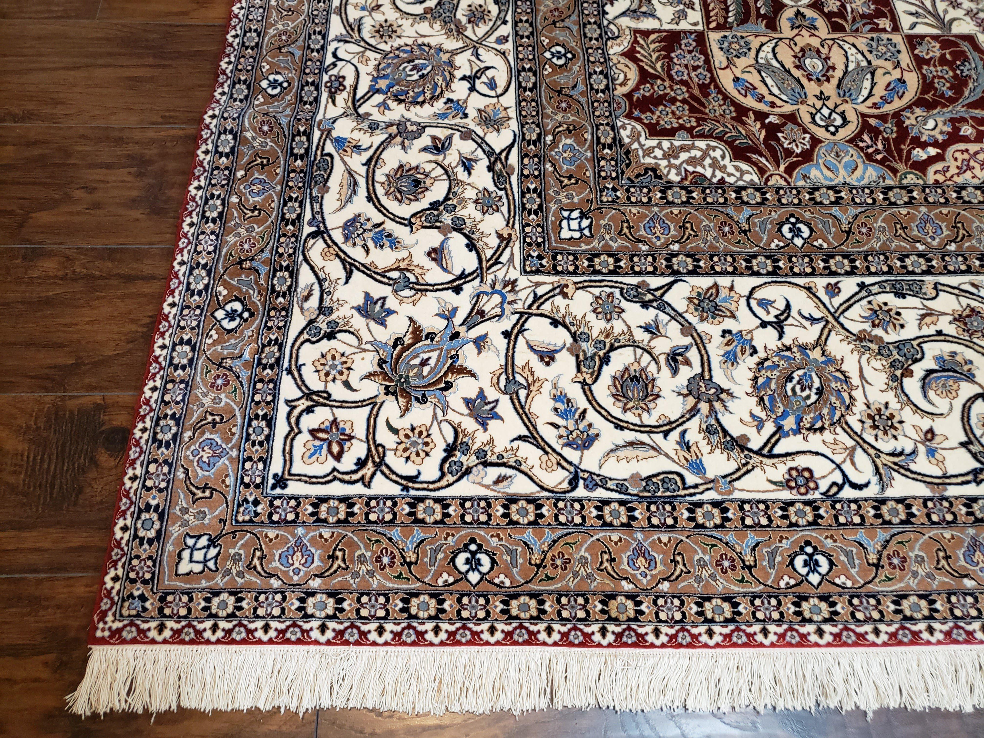 Vintage Persian Nain, Wool on Silk Foundation, Ivory & Maroon, Hand-Knotted, 11' 1" x 14' 9" - Jewel Rugs