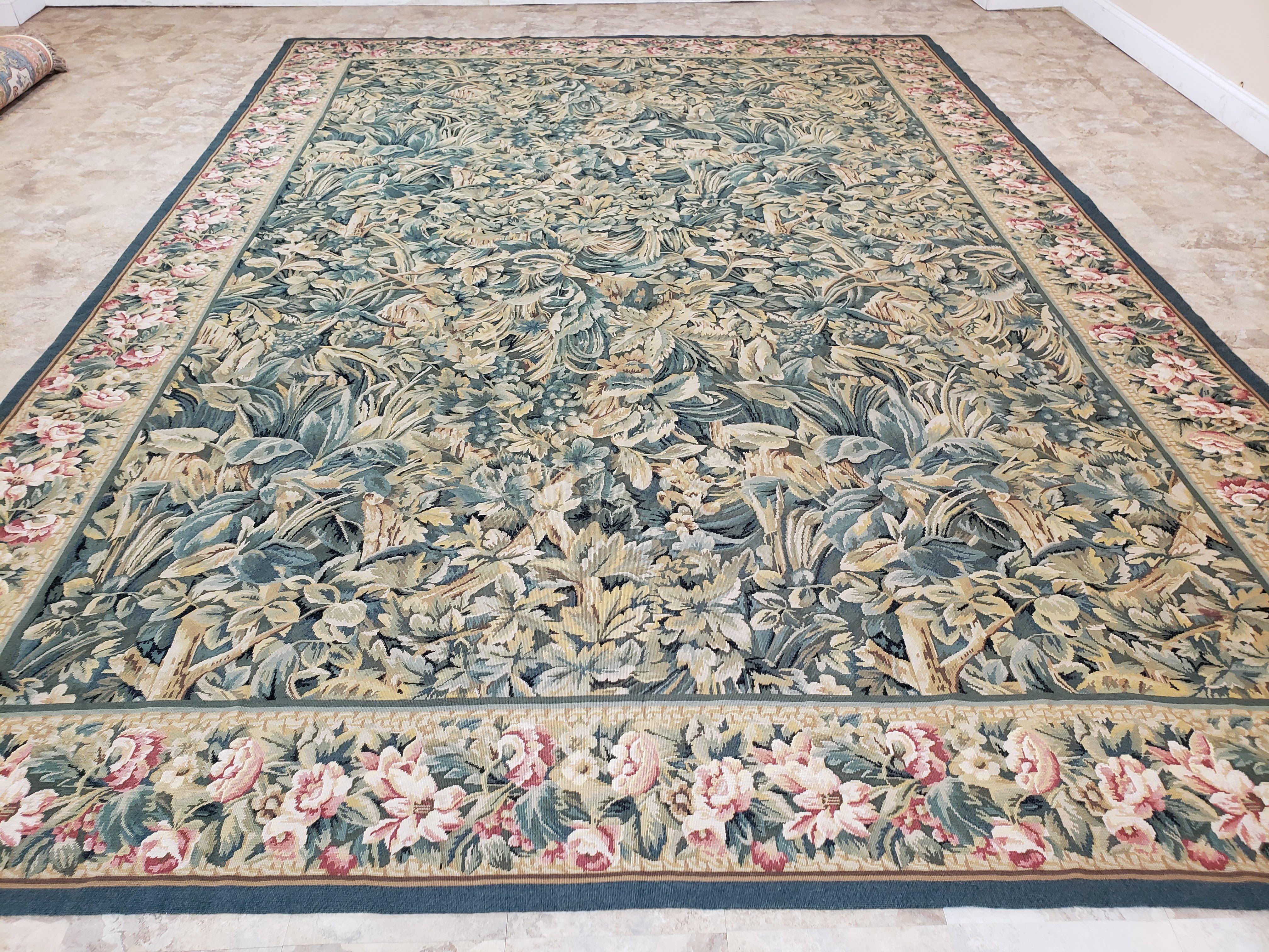 William Morris Rug, Vintage Needlepoint Rug, 10x14 Needlepoint, European English Allover Floral, Wool, Hand-Woven, Handmade, Green, Large - Jewel Rugs