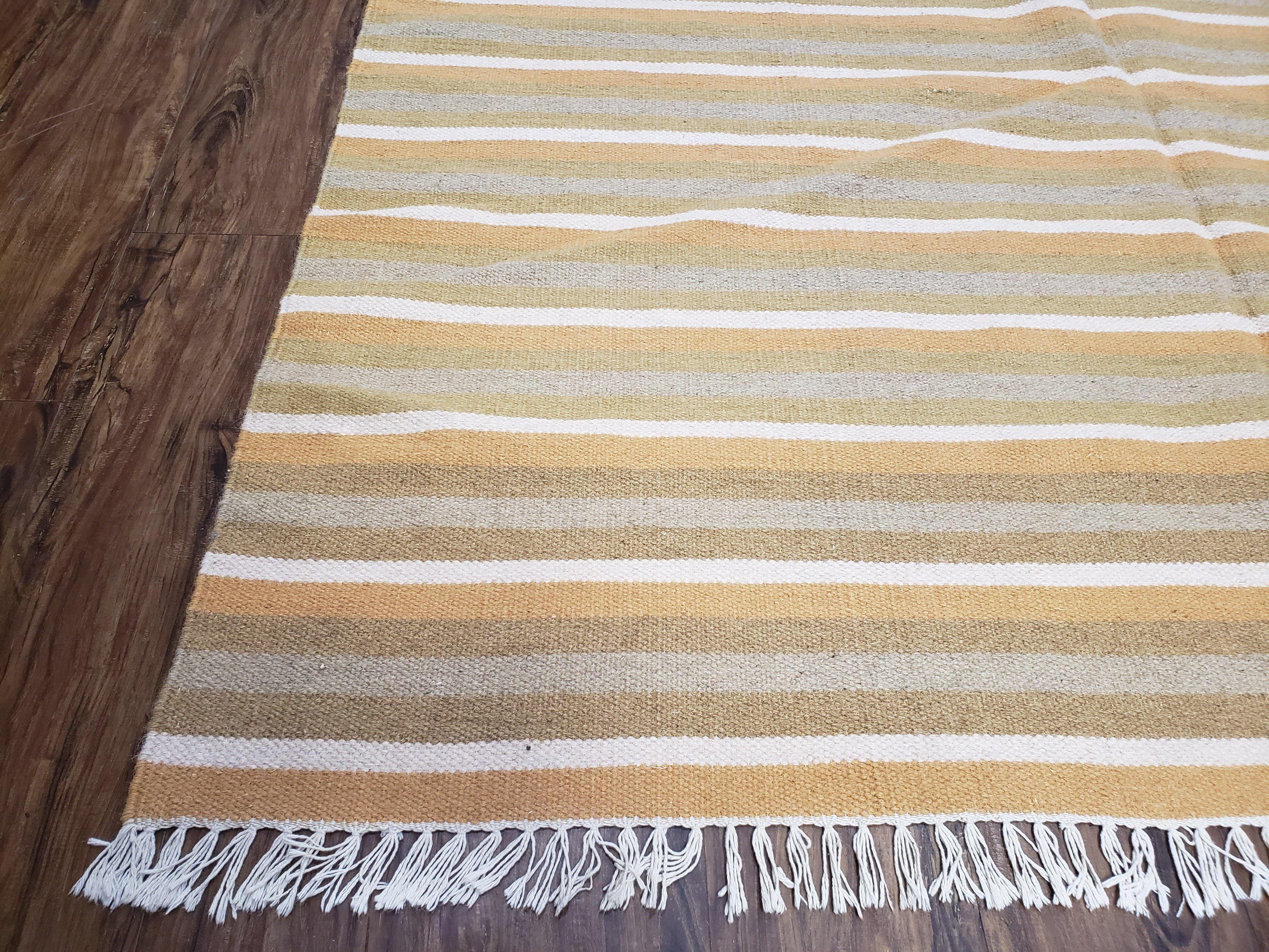 New Indian Kilim Area Rug, 6x8 - 7x8 South American Style Blanket, Striped Indian Wool Hand-Woven Flat Weave 6x9 Bedroom Rug, Ivory Ochre - Jewel Rugs