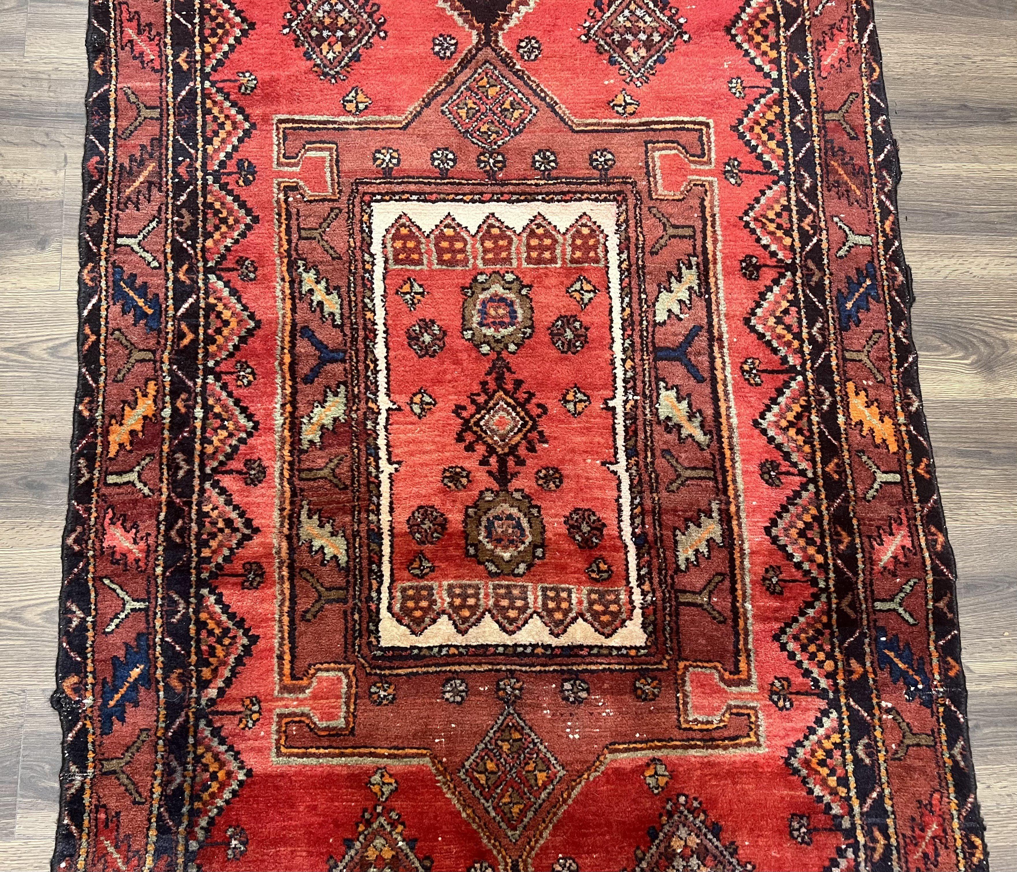 Persian Tribal Runner Rug 4.2 x 10.6, Wide Nahavand Hamadan Runner Rug, Bohemian Carpet, Red Kitchen Runner, Handmade Wool Antique Geometric Medallions - Jewel Rugs