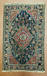 1' 9" X 2' 10" Antique Handmade Floral Oriental Wool Area Rug Small Oriental Carpet Blue & Red - Jewel Rugs