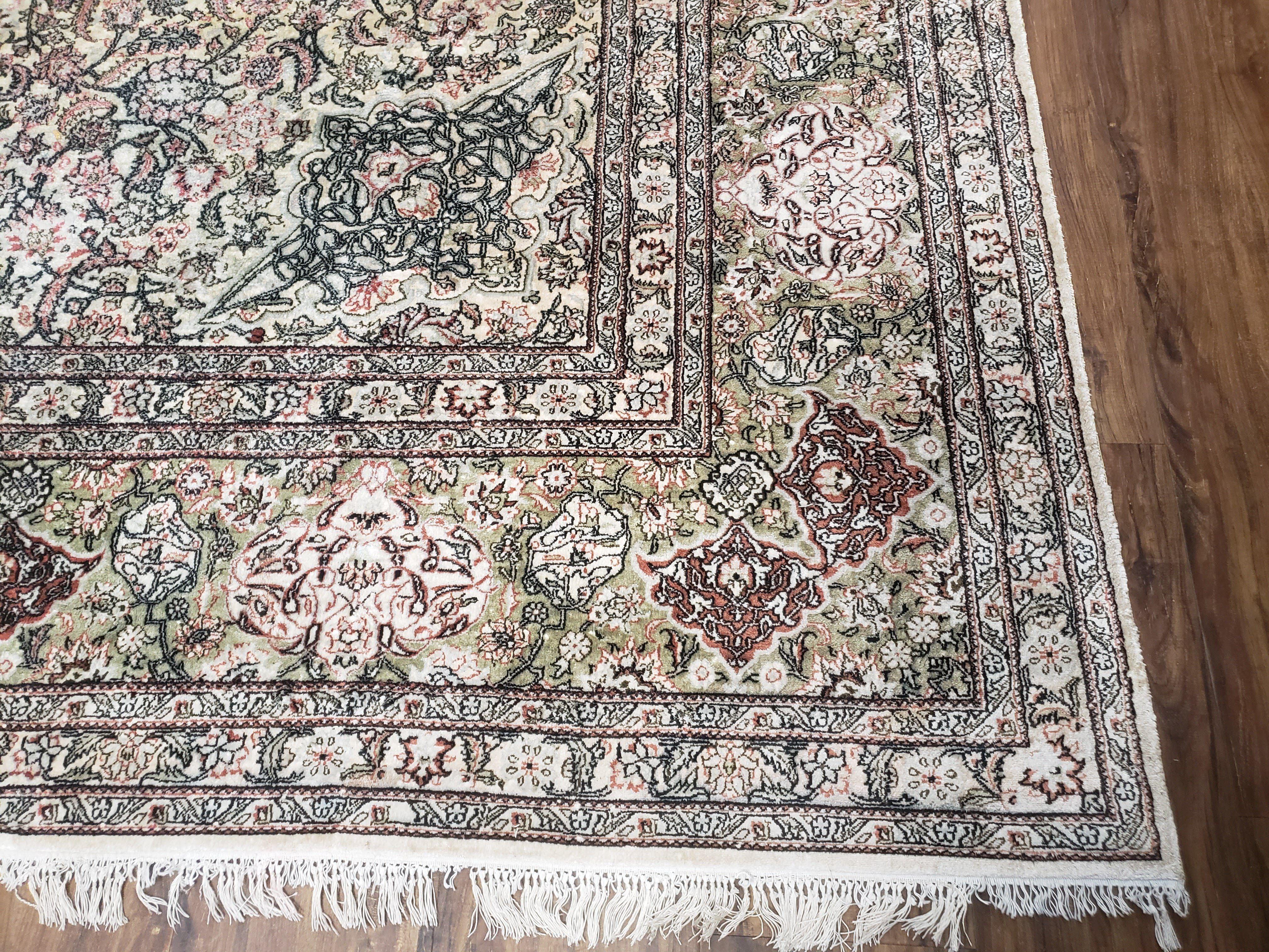 Vintage Indian Room Sized Silk Rug 8x10, Indo Kashmiri Carpet, Hand-Knotted Persian Oriental Carpet, Floral Medallion Allover Pattern, Ivory - Jewel Rugs