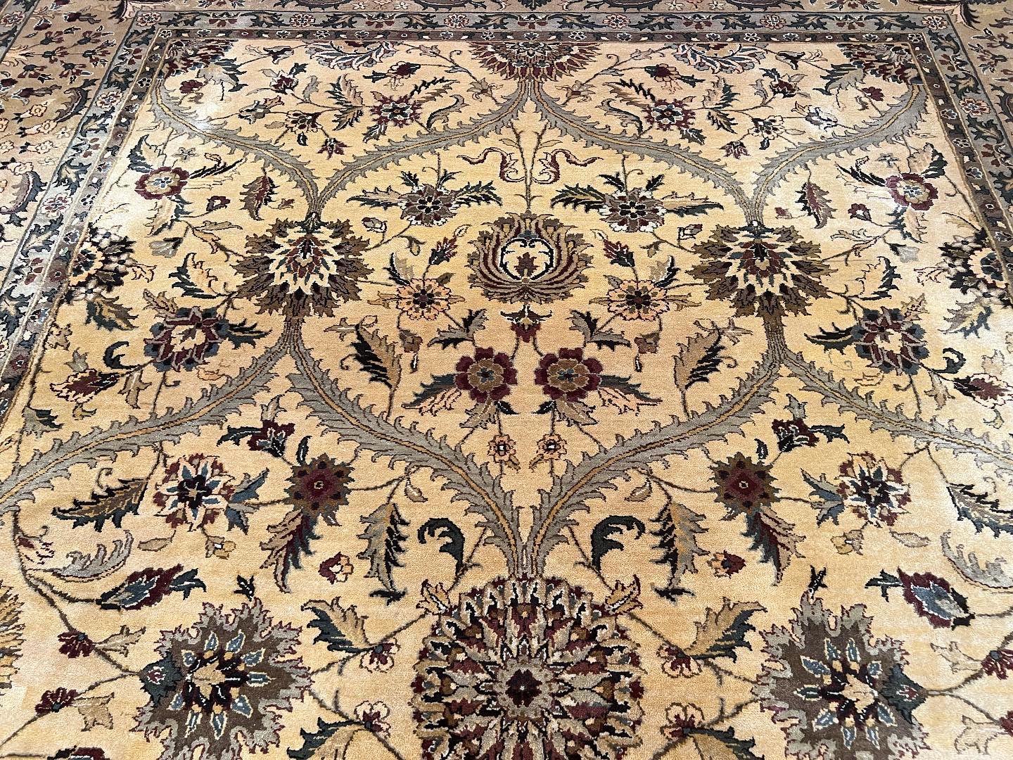 Indo Persian Mahal Rug 10x14, Wool Hand Knotted Oriental Carpet, Cream Floral Allover, Vintage Area Rug 10 x 14, Traditional Rug, Handmade - Jewel Rugs