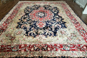 Indian Silk Kashmiri Rug 9x12, Room Sized Silk Carpet, Handmade Hand Knotted Oriental Rug 9 x 12, Navy Blue Red Tan Floral Medallion Birds