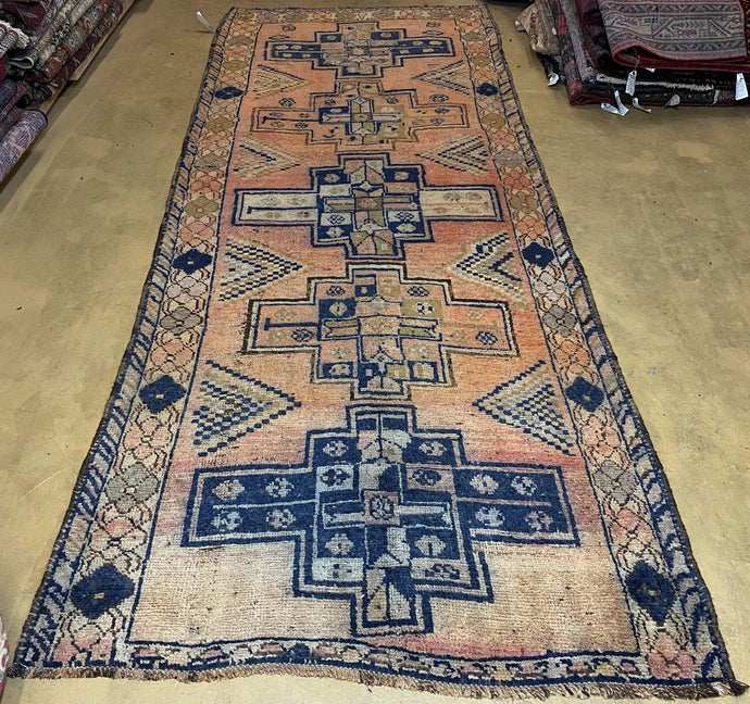 Persian Gabbeh Runner Rug 4.4 x 11, Antique Hand Knotted Wool Tribal Wide Oriental Runner, Salmon and Navy Blue, Geometric Medallions - Jewel Rugs